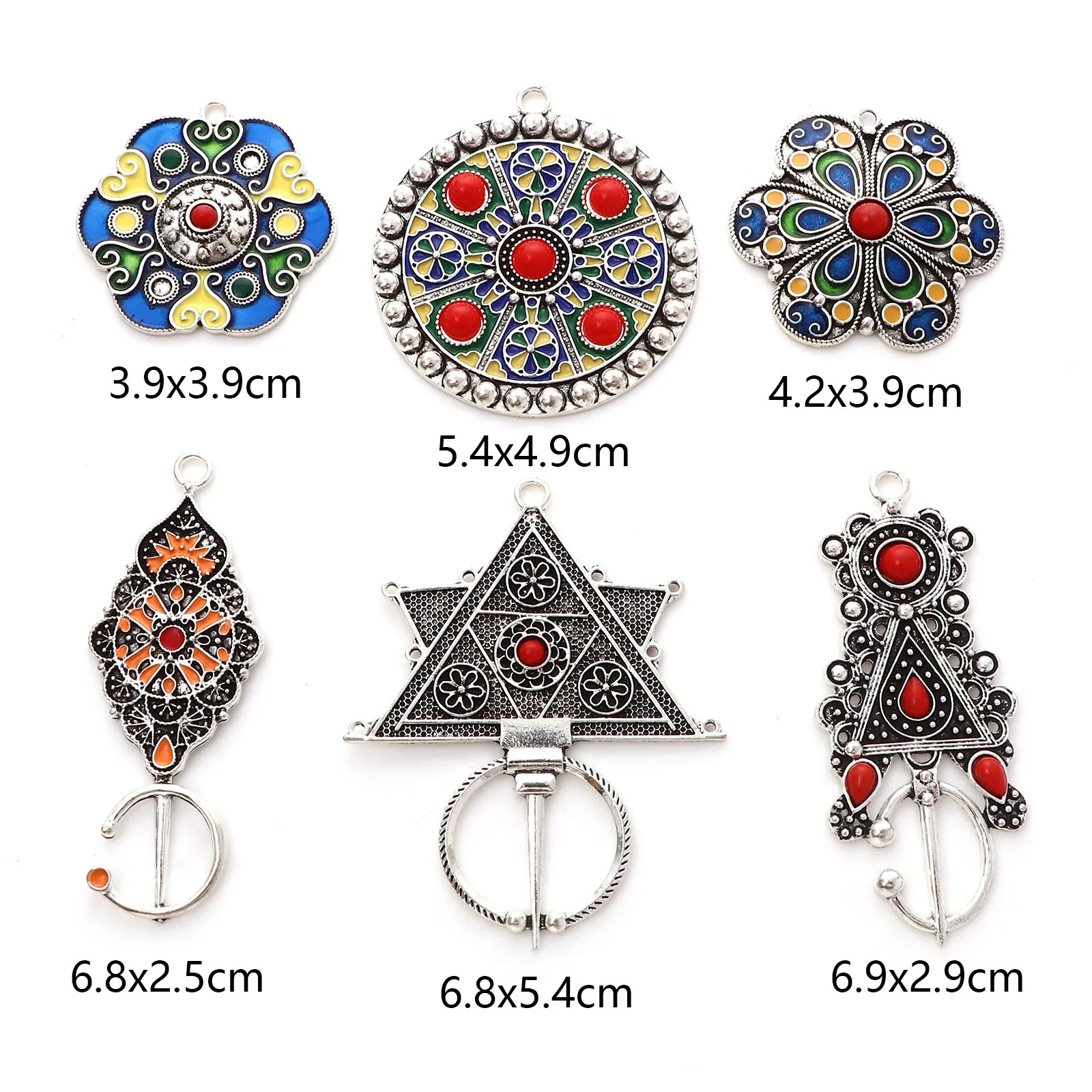 2PCs Bohemian Ethnic Pendants Antique Color Multicolor Enamel Flower Roun