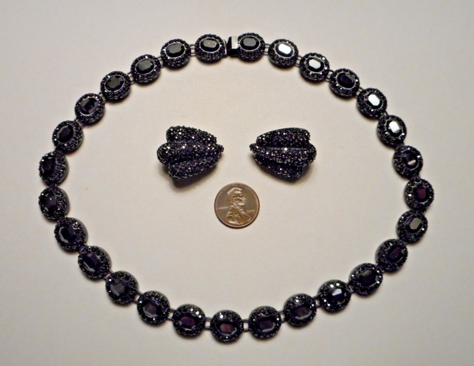 Vintage St. John Jet Black Rhinestone Lacquered Necklace & Clip Earrings Set