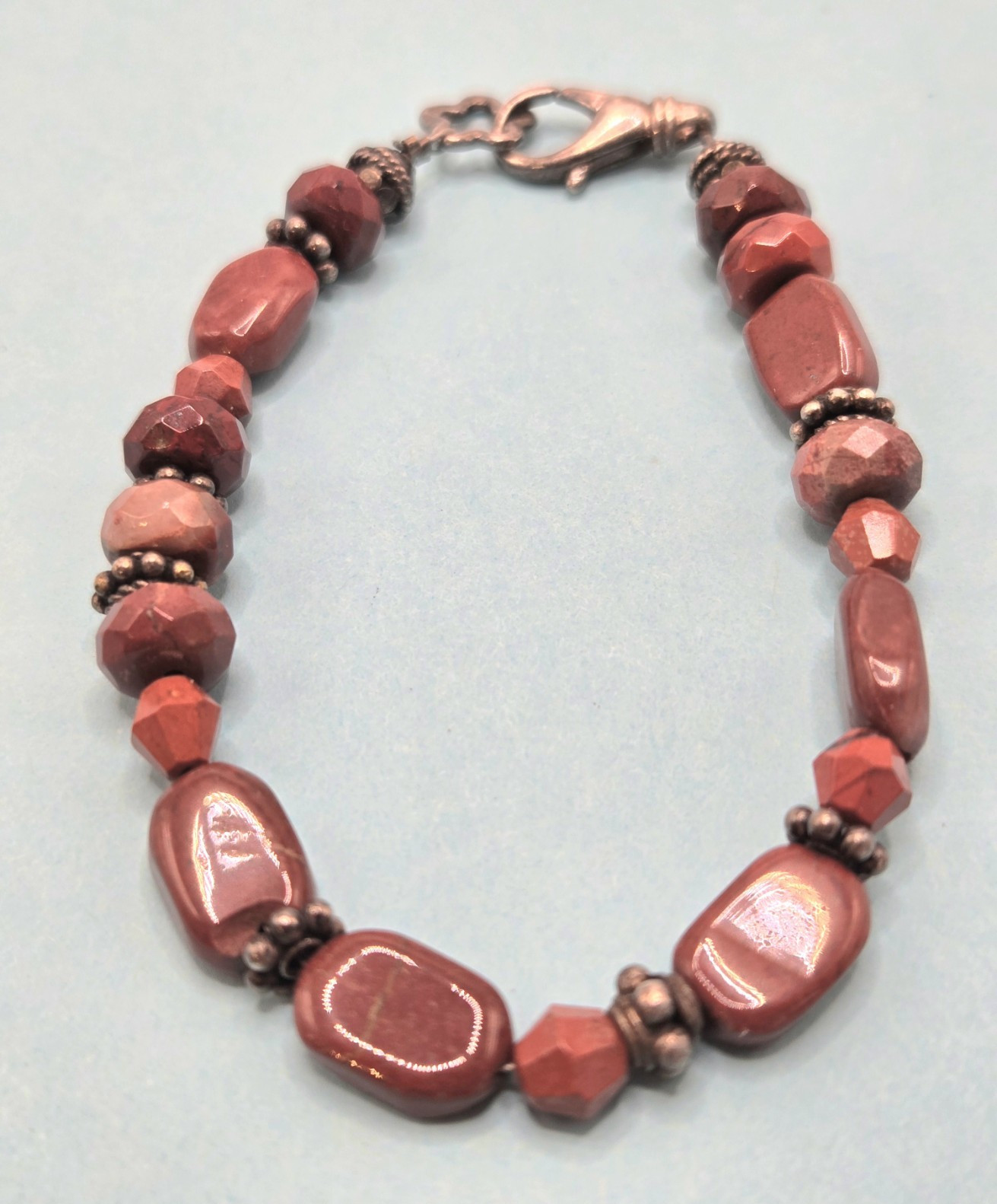 Red Stone Beaded Bracelet Mixed Shapes Asymmetrical Metal Lobster Clasp 7.5″
