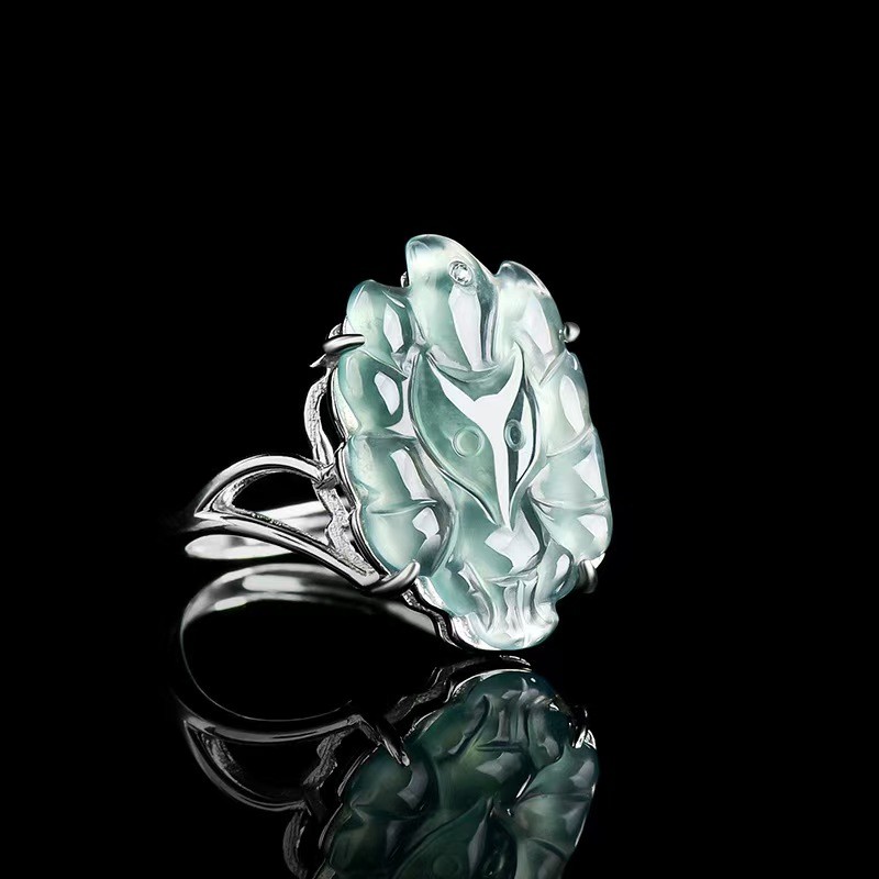 Certified Pure S925 Silver Blue Jadeite Lucky Elegant Fox Open Ring Us Size:5-9