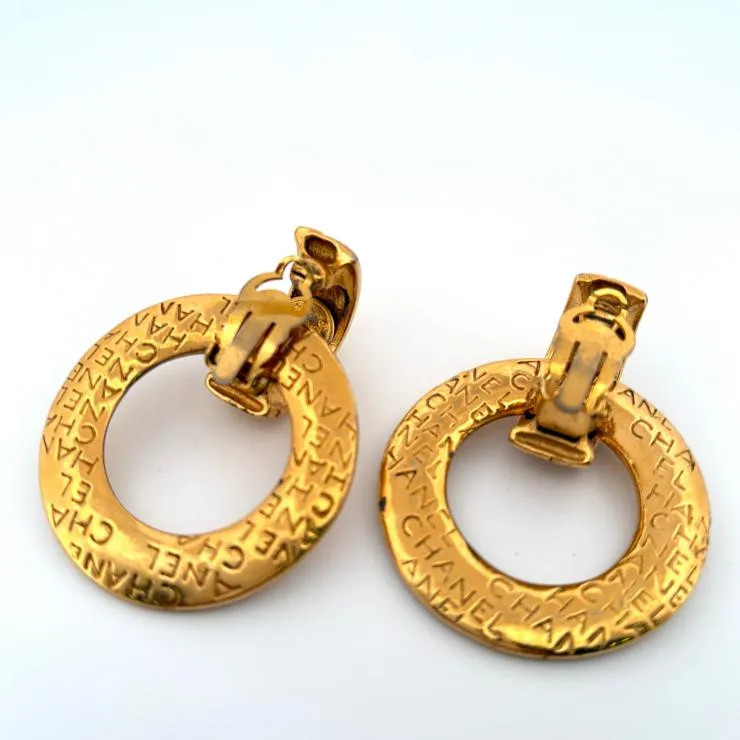 CHANEL Vintage Logo Hoop Earrings 2WAY Gold Plated Auth Japan