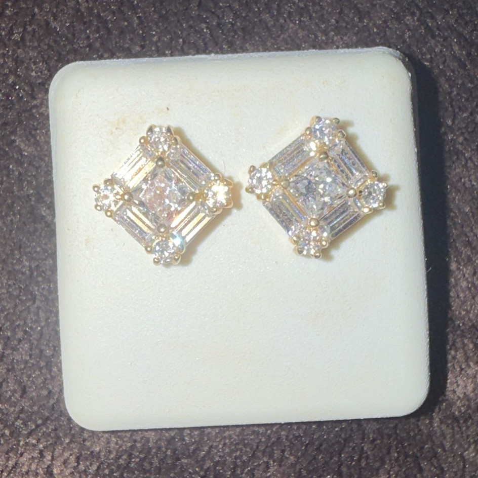 10K Gold and Genuine Diamond Square Earring Studs