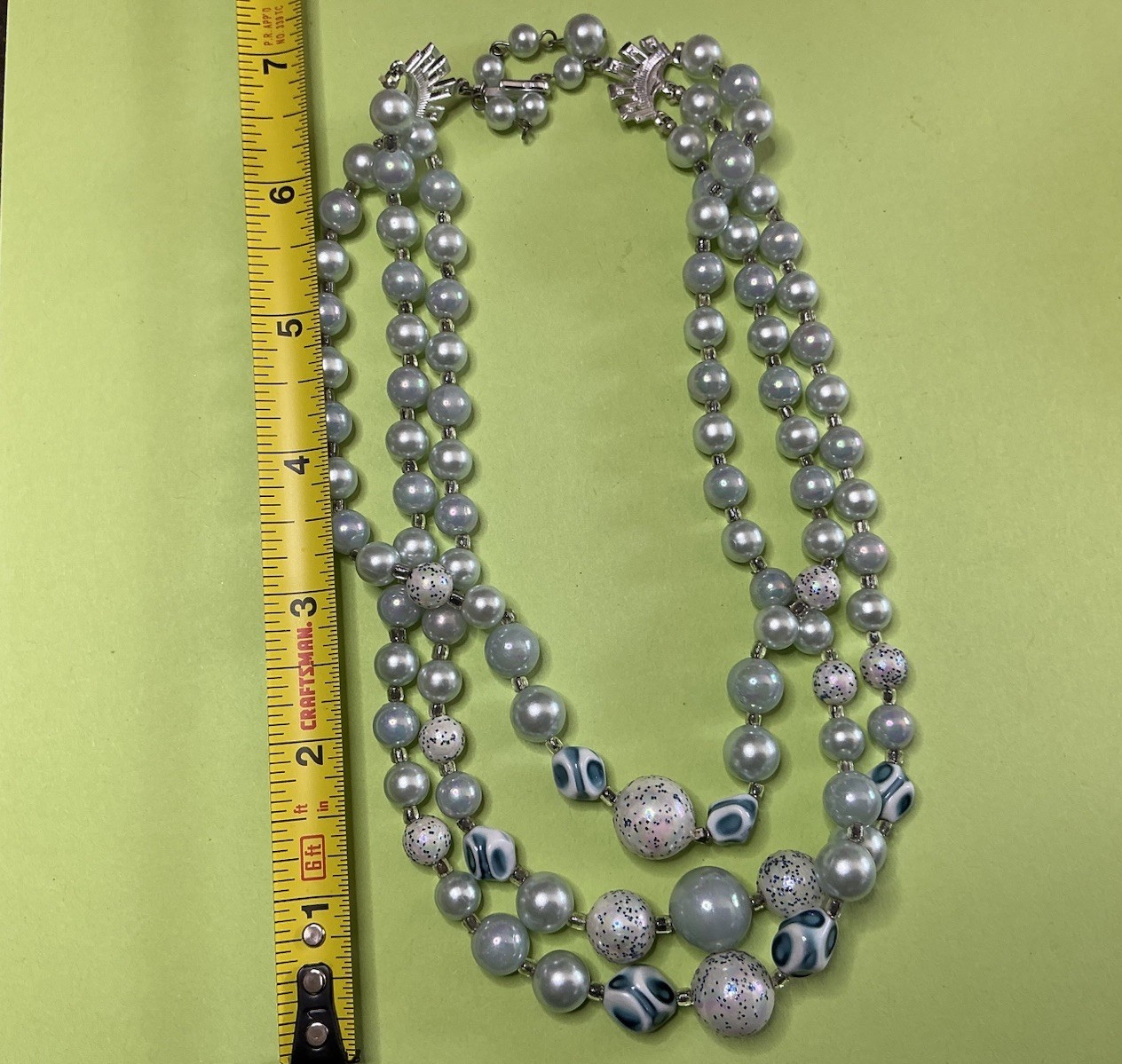 Gray Blue beads Multi Strand Beaded Necklace Glass Beads Silver Tone Hook