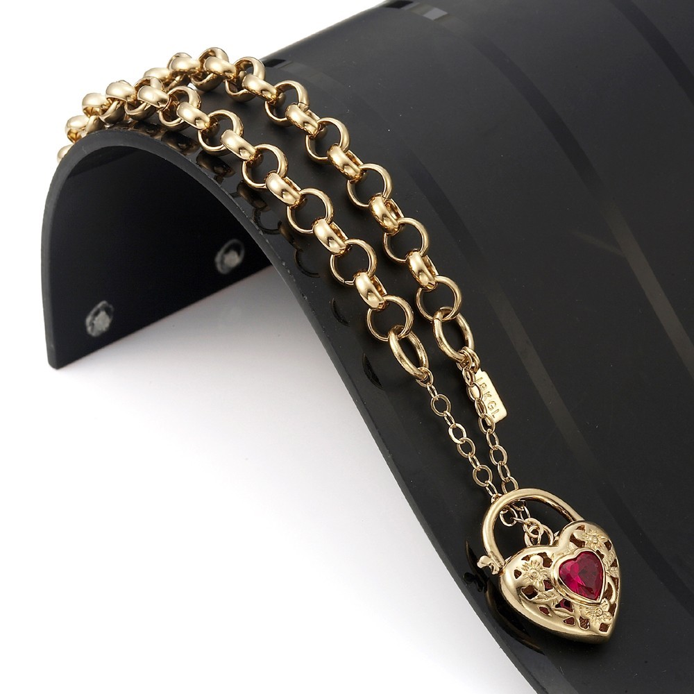 18K GL Solid Belcher Gold Bracelet Filigree Heart Padlock Ruby Red Gem