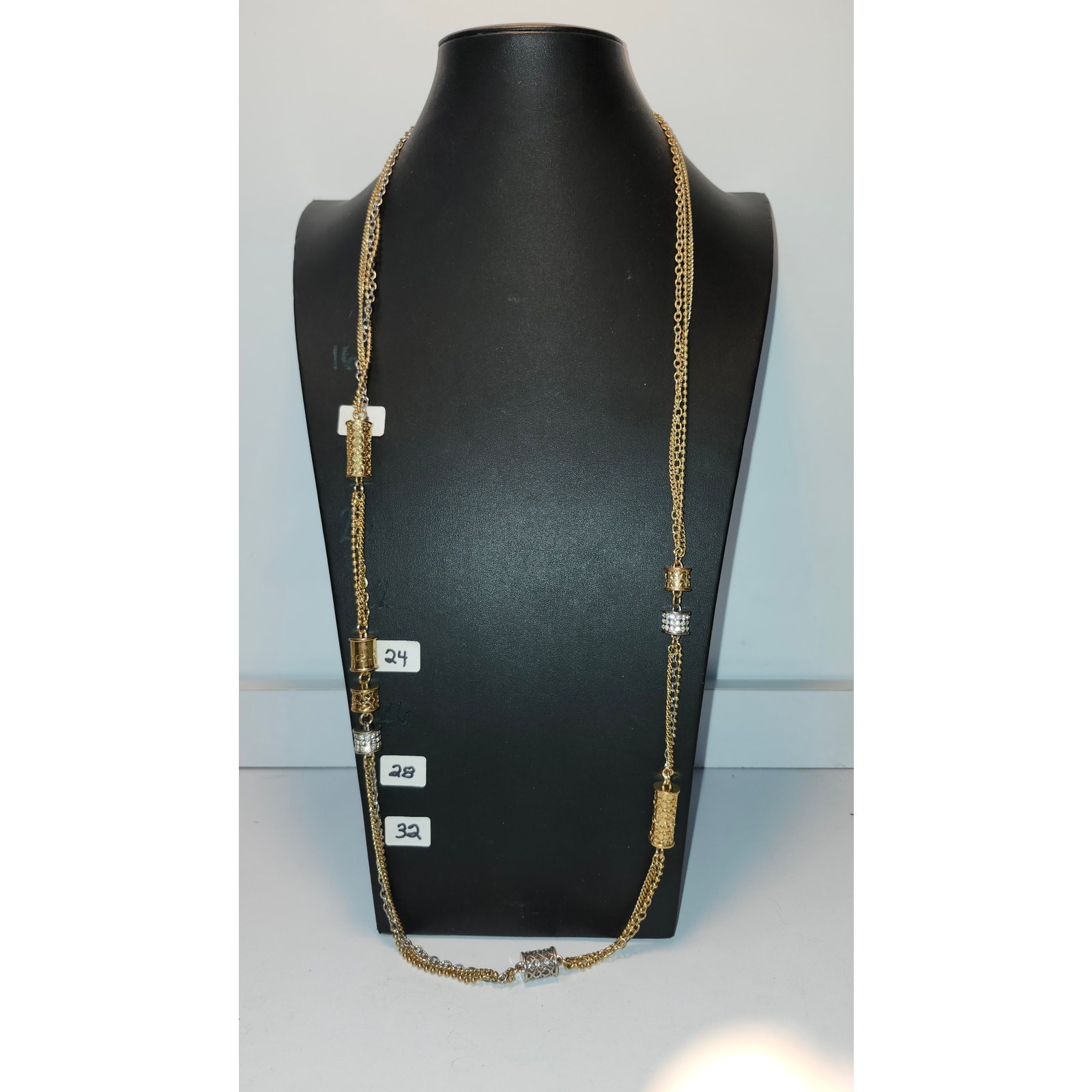 Coach Multi Strand Cylinder Long Station Statement Necklace Two Tone Pave Chain
