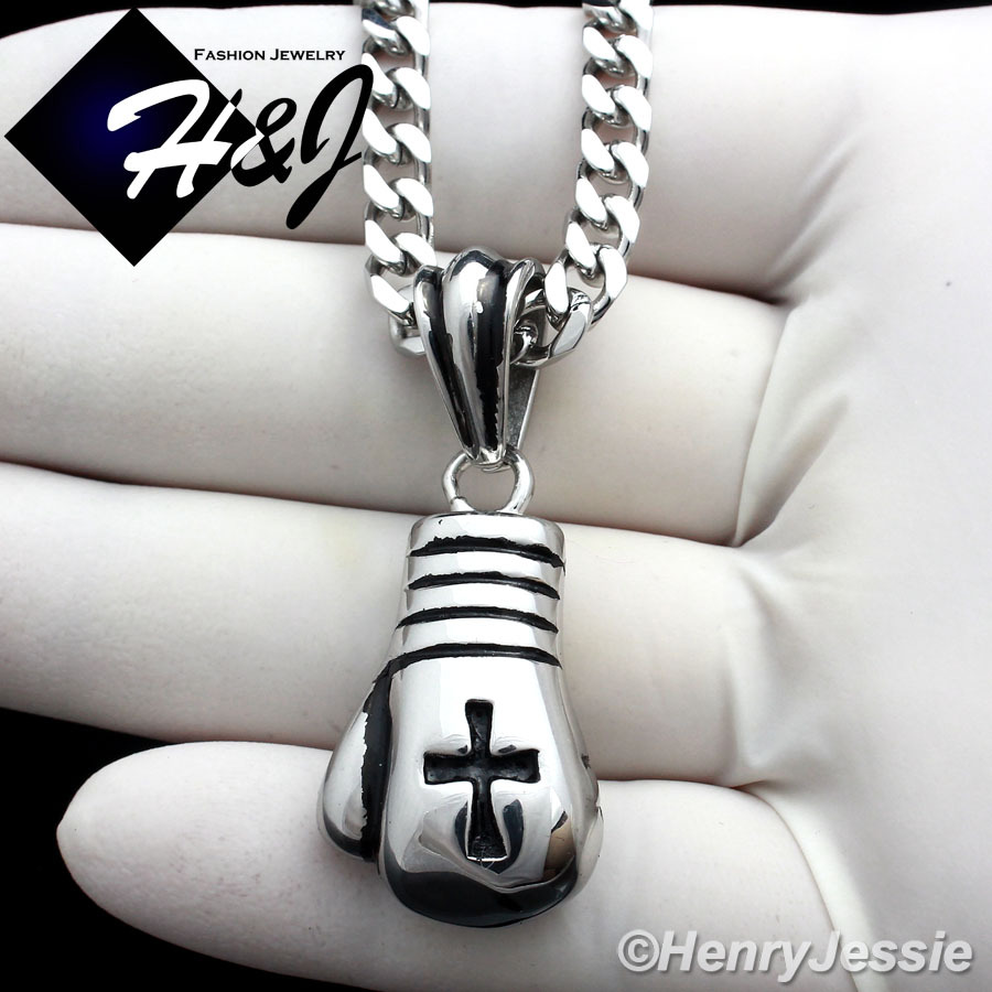 20″Stainless Steel 5mm Curb Chain Silver/Black Plated Boxing Glove Pendant*P75