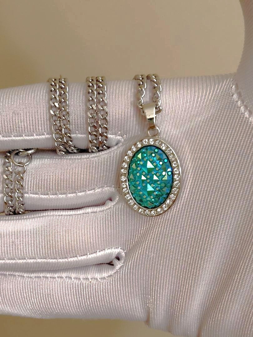 Turquoise Resin Druzy Pendant in Stainless-Steel 13x18mm With Rhinestone Halo
