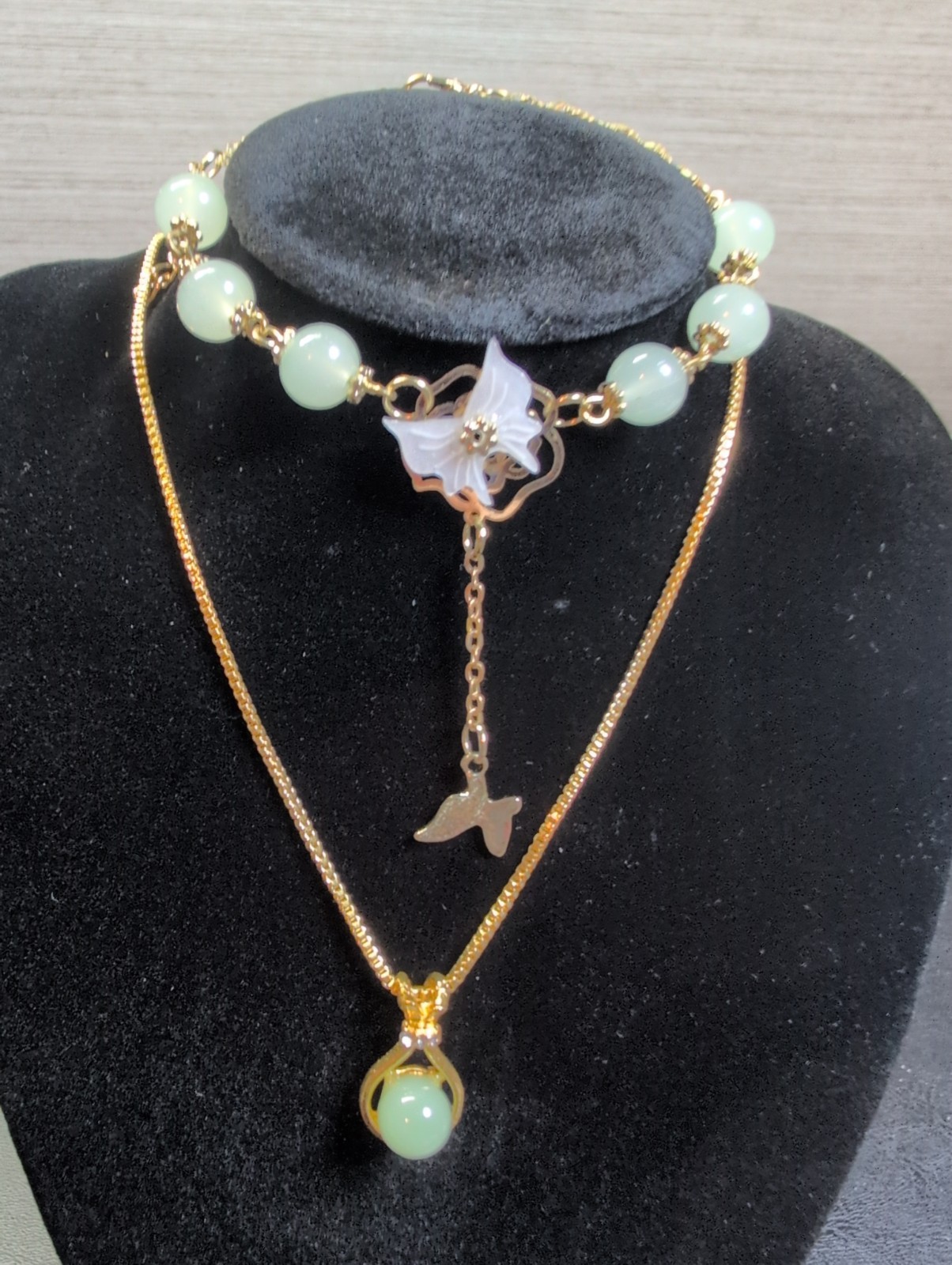 Gold Tone And Aqua Rhinestone Necklace And Bracelet Set With Butterfly 18-in…