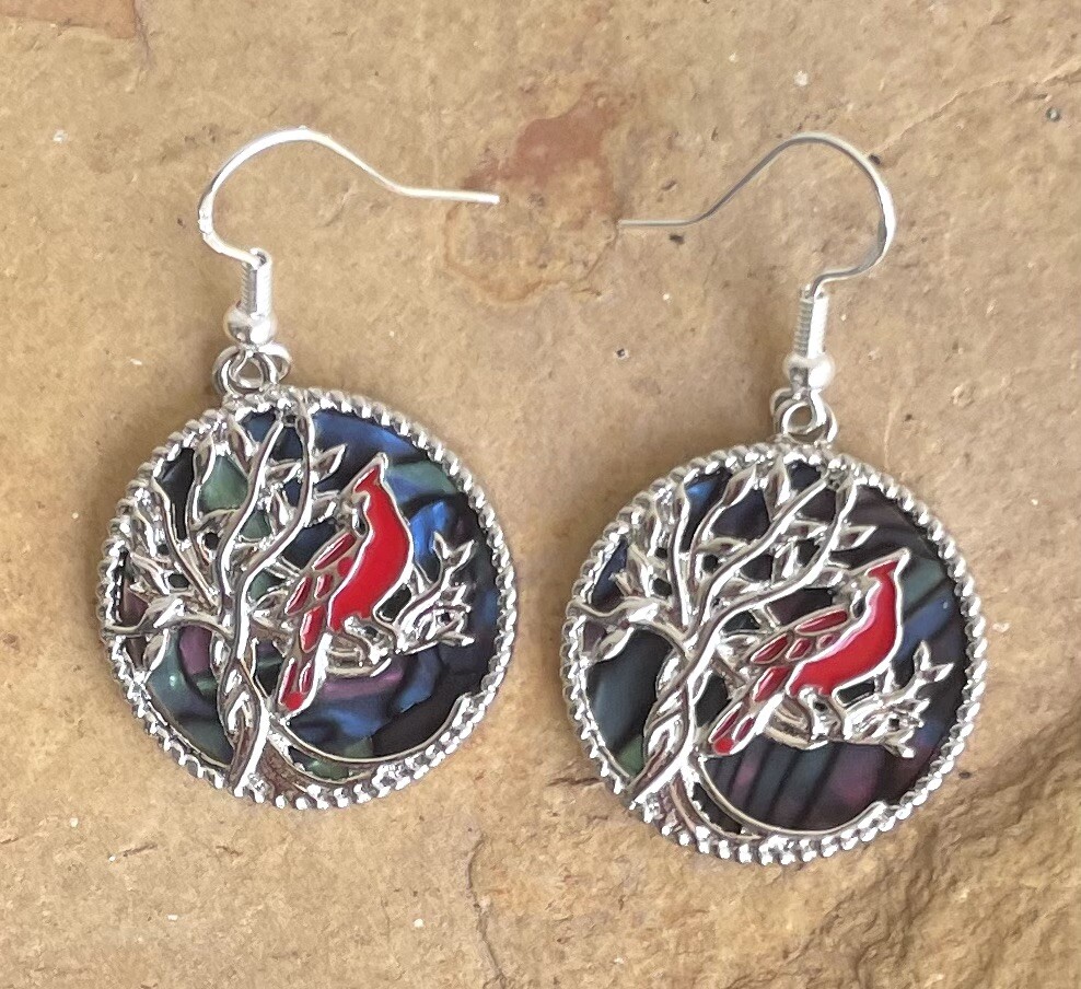 Red Cardinal Round Earrings Memorial Angels Near Sterling Silver 925 Ear Hooks