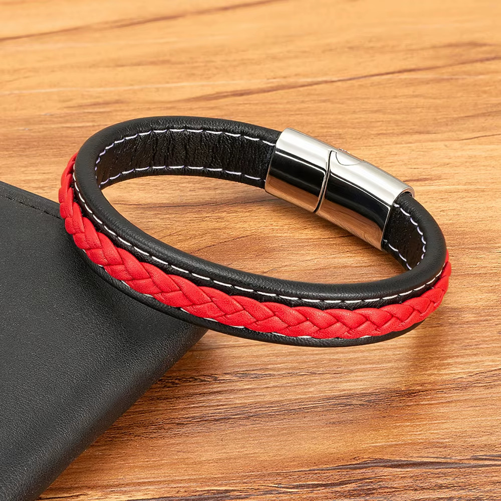 Black & Red Braided Rope Leather Bracelet Men Stainless Steel Charm Jewelry Bang