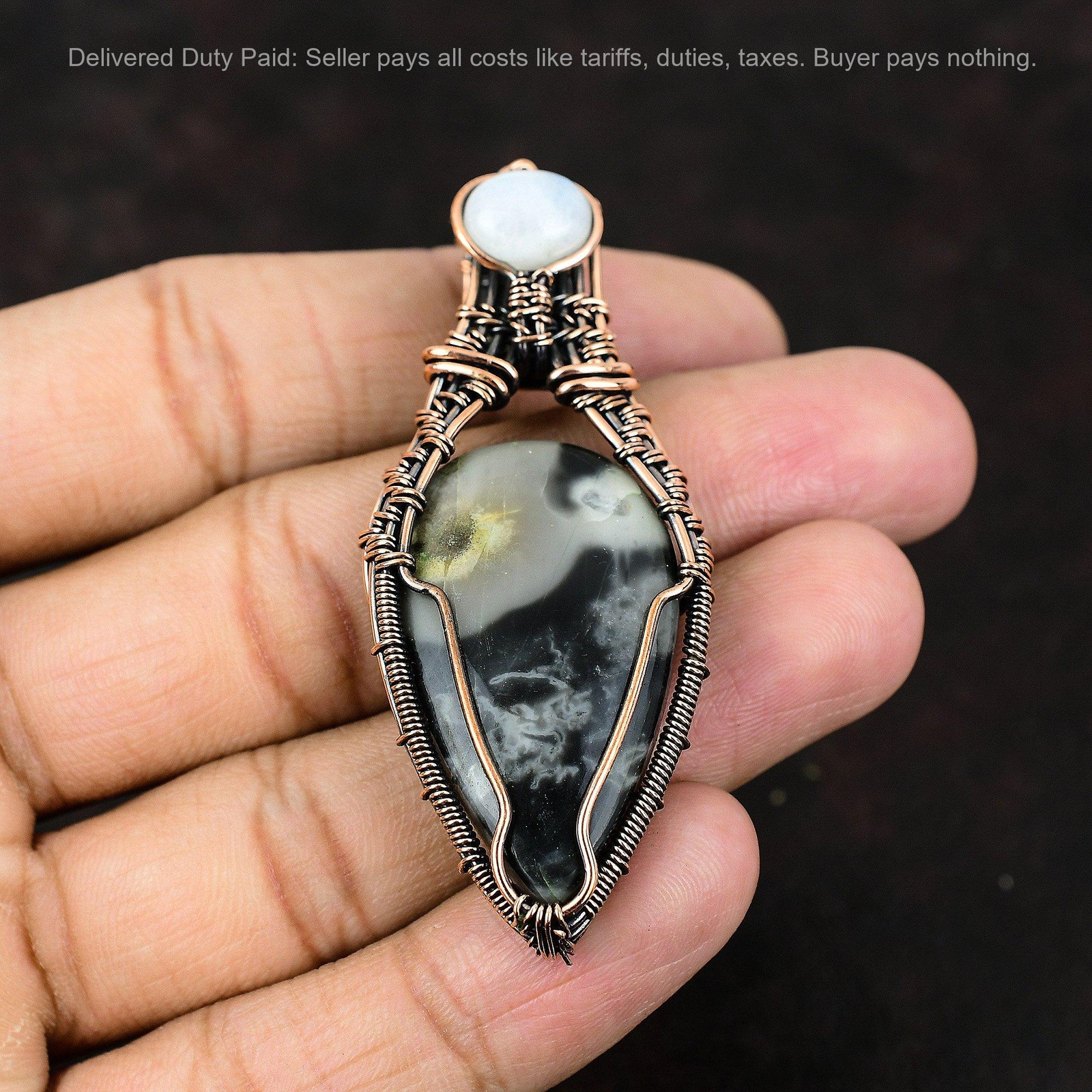 Copper Picasso Jasper Stone Rainbow Moonstone Boho Wire Wrapped Pendant Jewelry