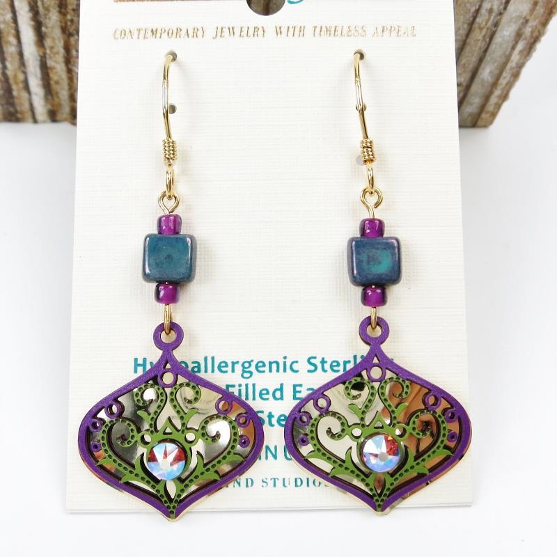 Adajio Earrings Purple and Green Deco Teardrop with Topaz Rhinestone 7842
