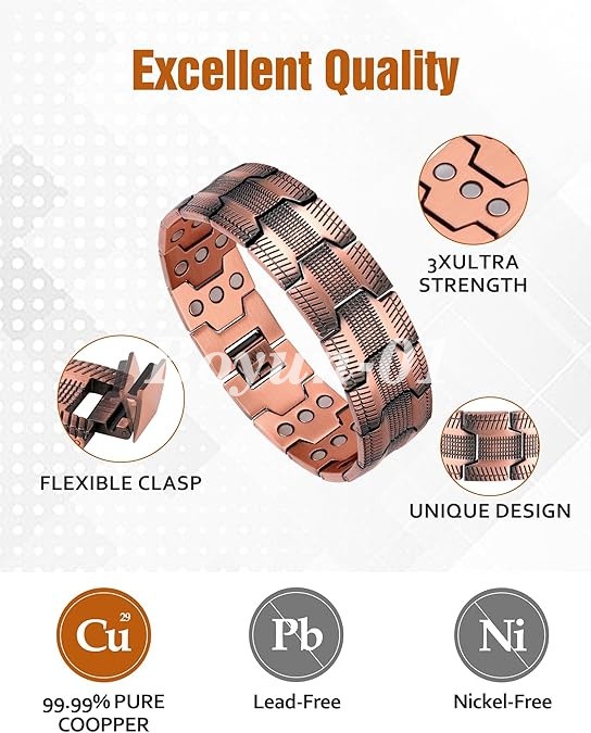100% Pure Copper Magnetic Bracelet for Men Magnets Adjustable with Sizing Tool
