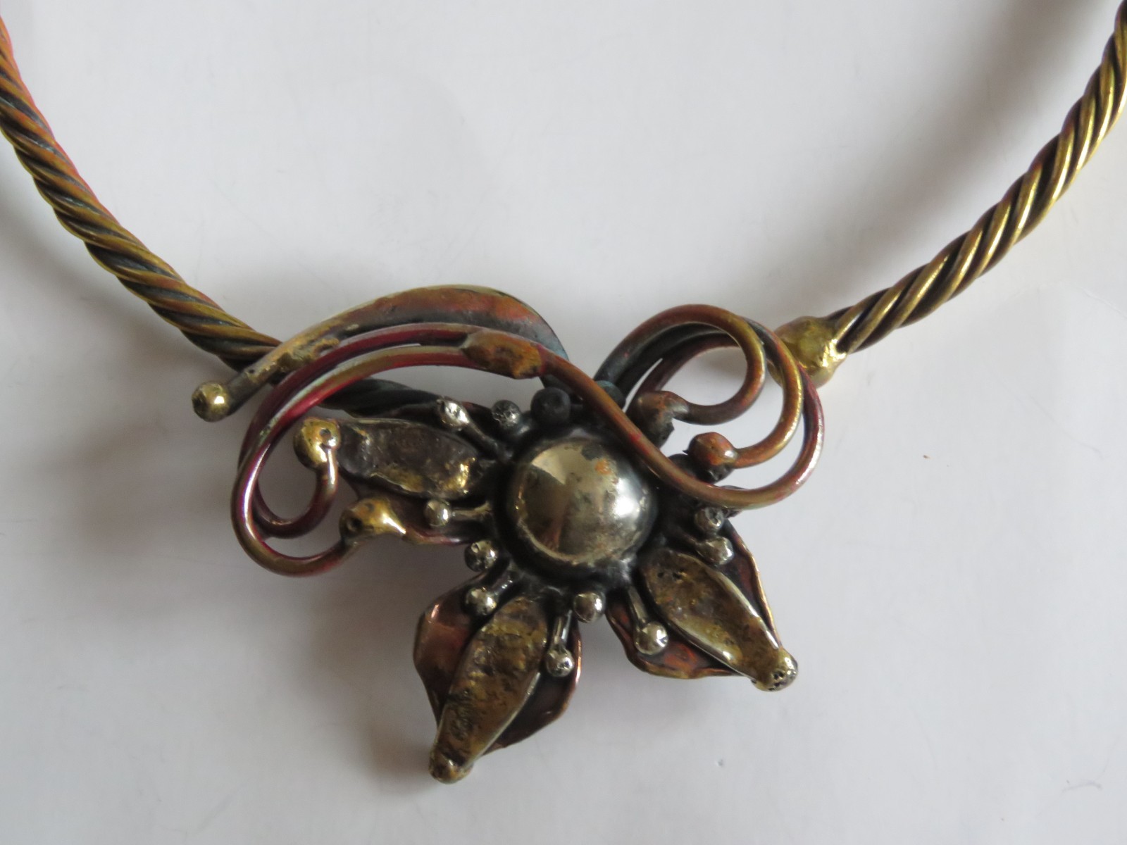 Brutalist Artisan Torque Collar Necklace Asymmetric Floral Centerpiece Vtg