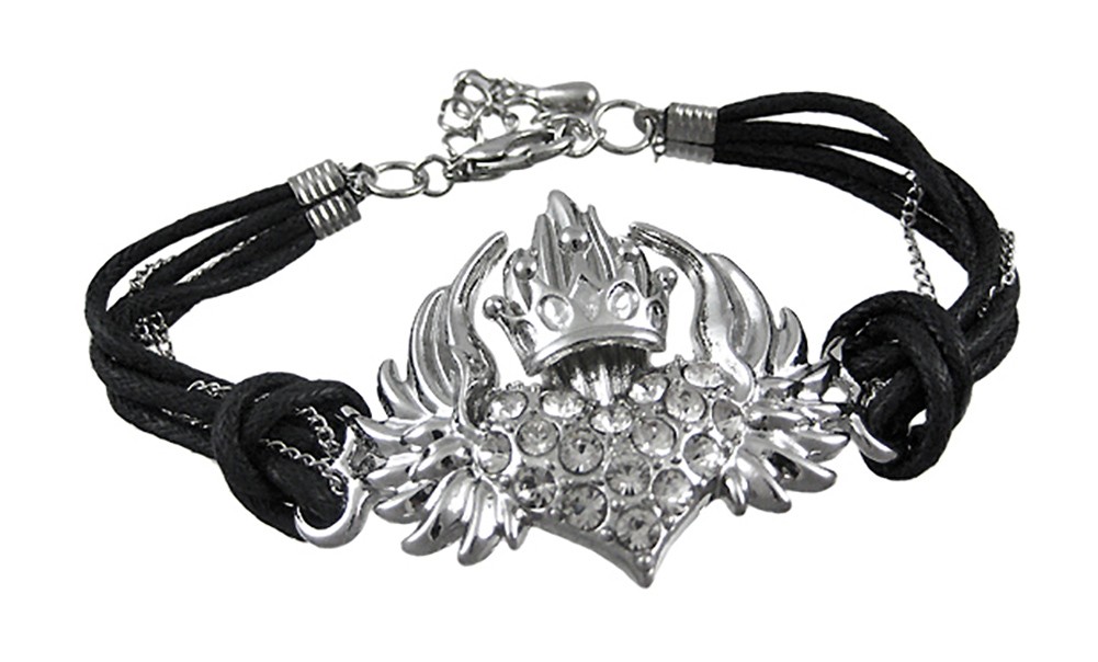 Zeckos Rhinestone Crowned Winged Heart Cord Bracelet