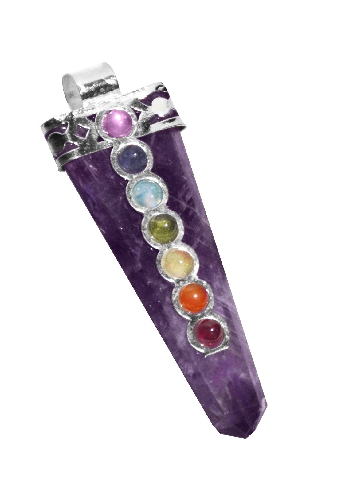 Amethyst Crystal Point 7 Chakra Gemstone Silver Pendant Necklace Reiki Healing