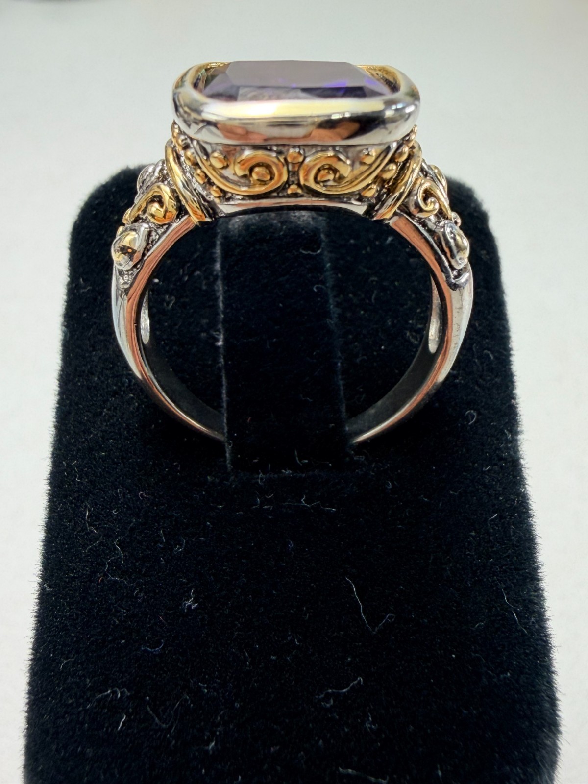 Bold Purple Crystal Ring Two Tone Statement Faceted Stone Size 10