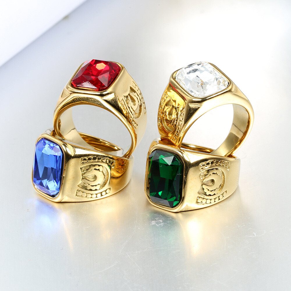 Men’s Square Stone Signet Ring Stainless Steel Wedding Band Statement Biker
