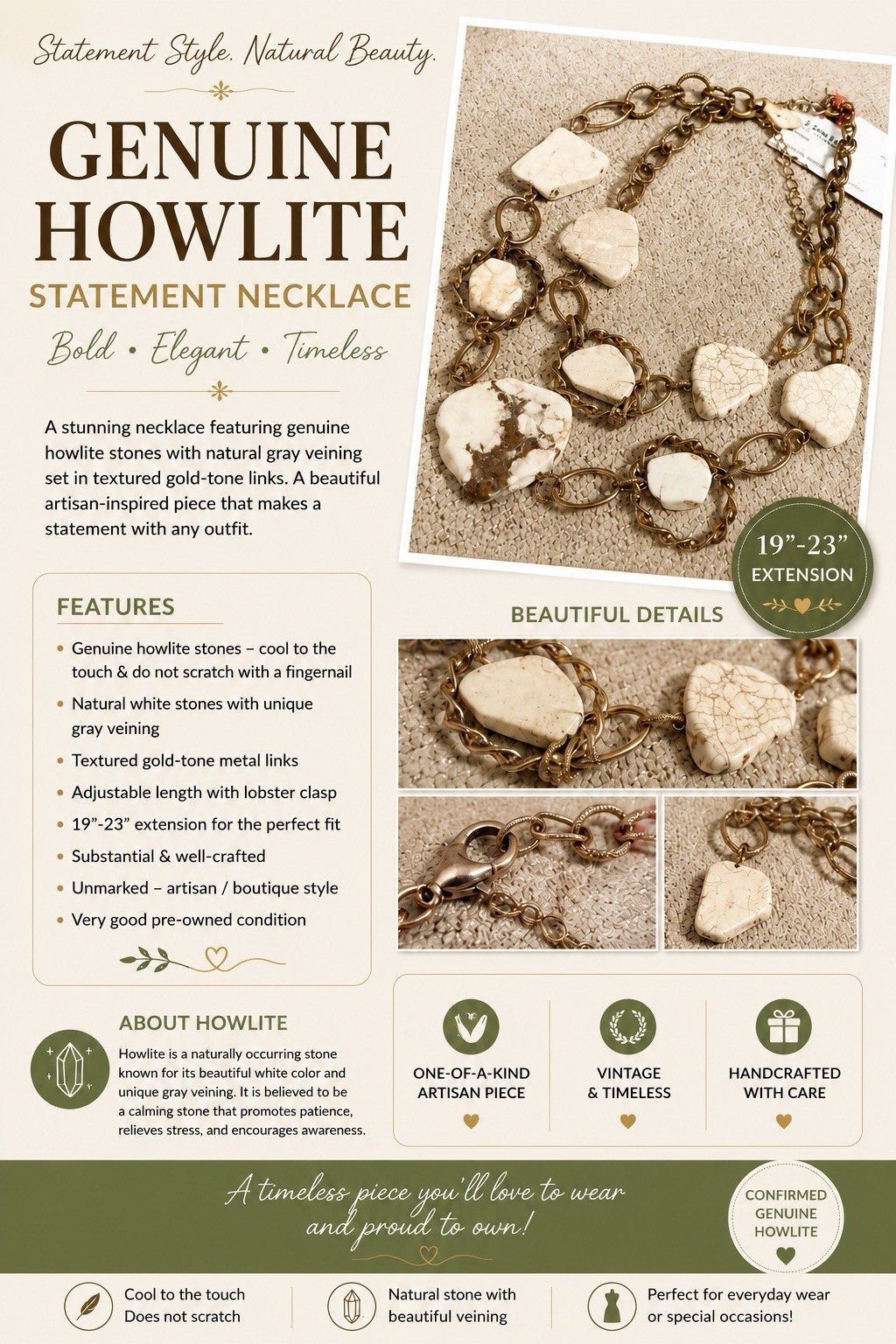 Chunky Gold Tone & Cream Howlite Stone Statement Necklace