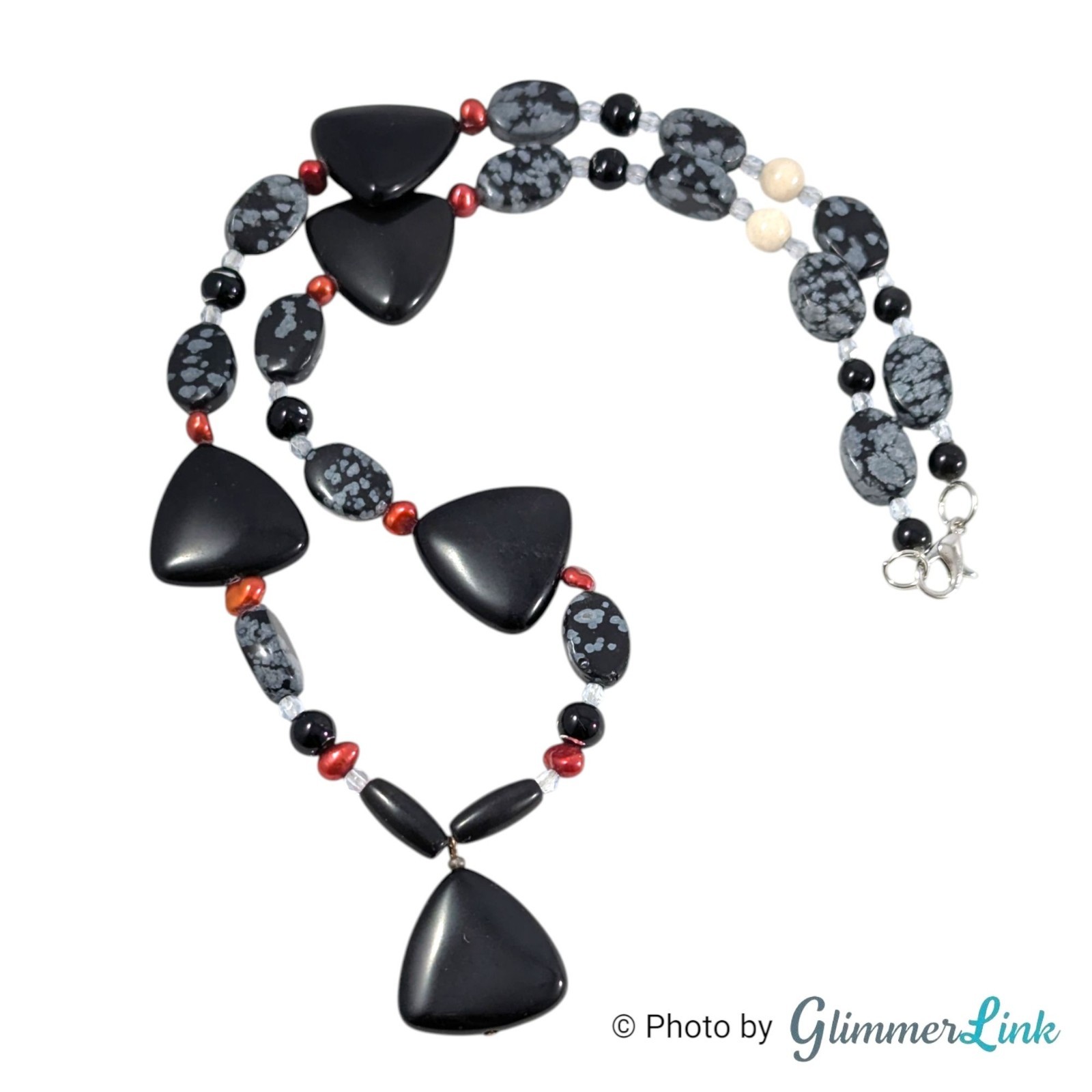 Mixed Bead Black Gray Red Triangle Pendant Y Statement Necklace