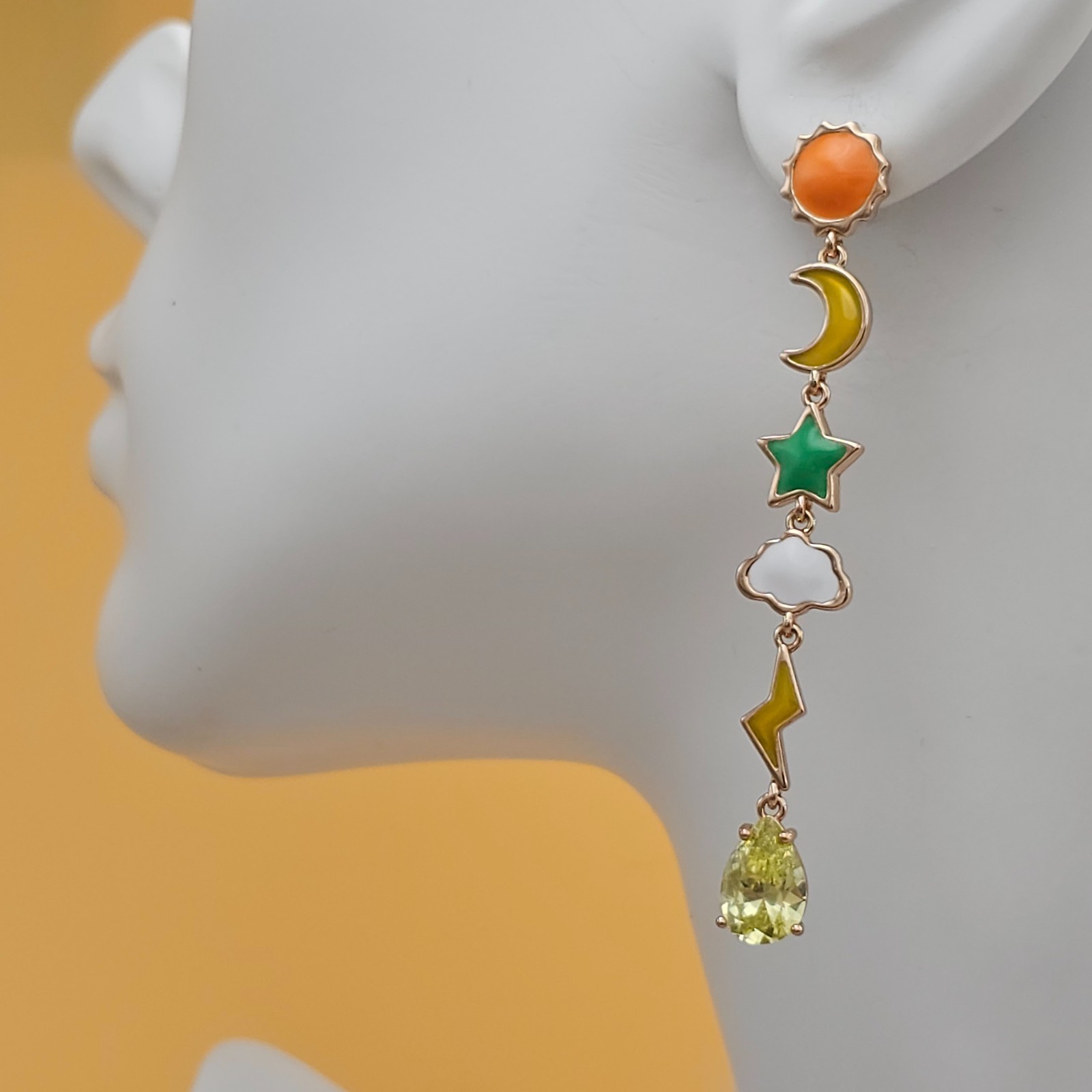 18K Gold Plated Earrings Long Dangle Sun Moon Star Cloud Lightning Rain Boho