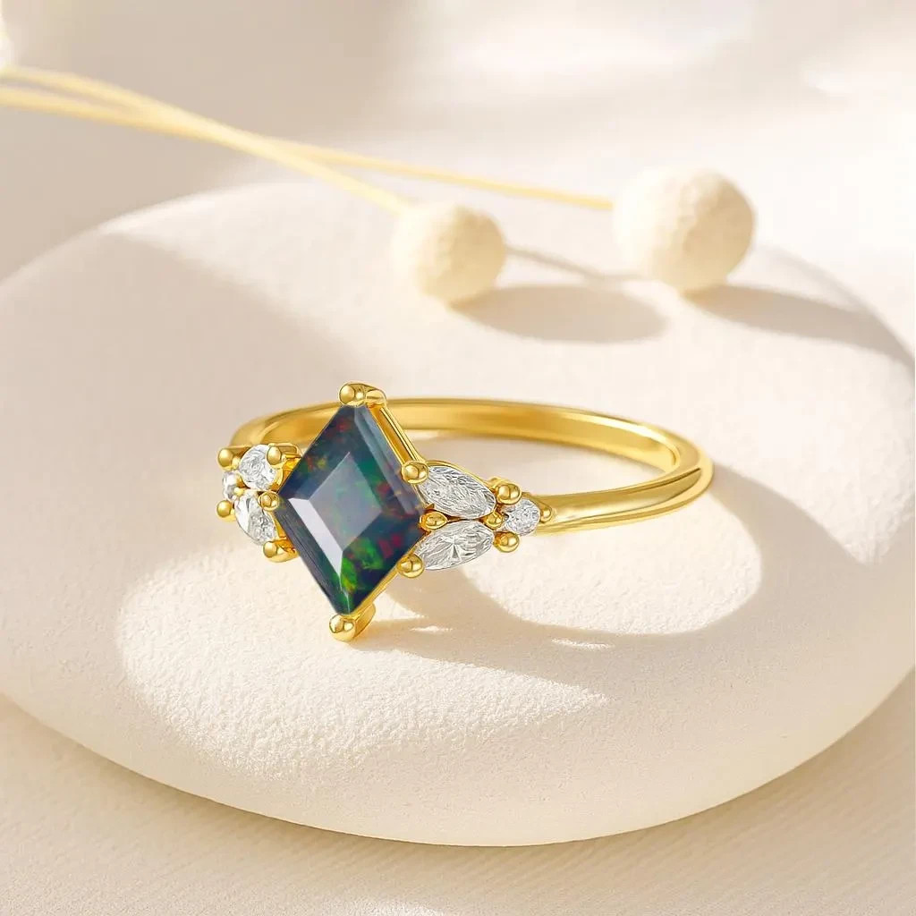 Multifire Black Opal Kite Gemstone Statement Ring, Natural Fire Opal Gemstone