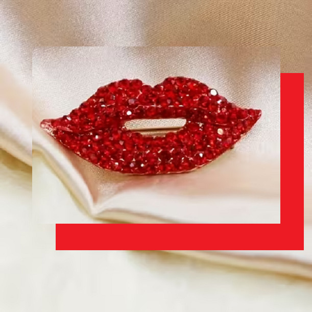 Small Red Crystal Lip Pin – NEW – 1 and 1/8 inches wide and barely 1/2 inch tall