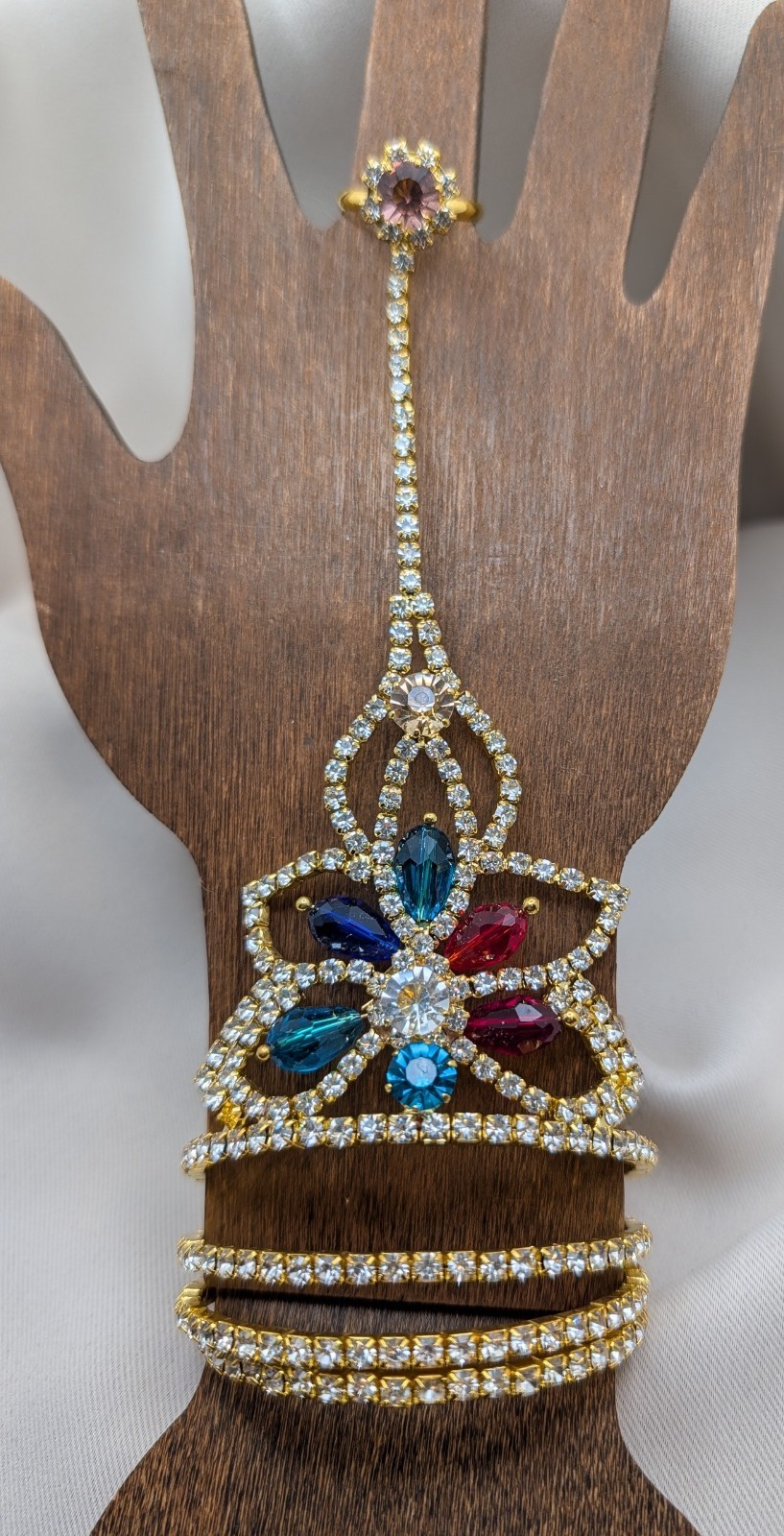 Vintage MULTI-COLOR FLORAL RHINESTONES Indian HAND CHAIN BRACELET & RING/SLAVE