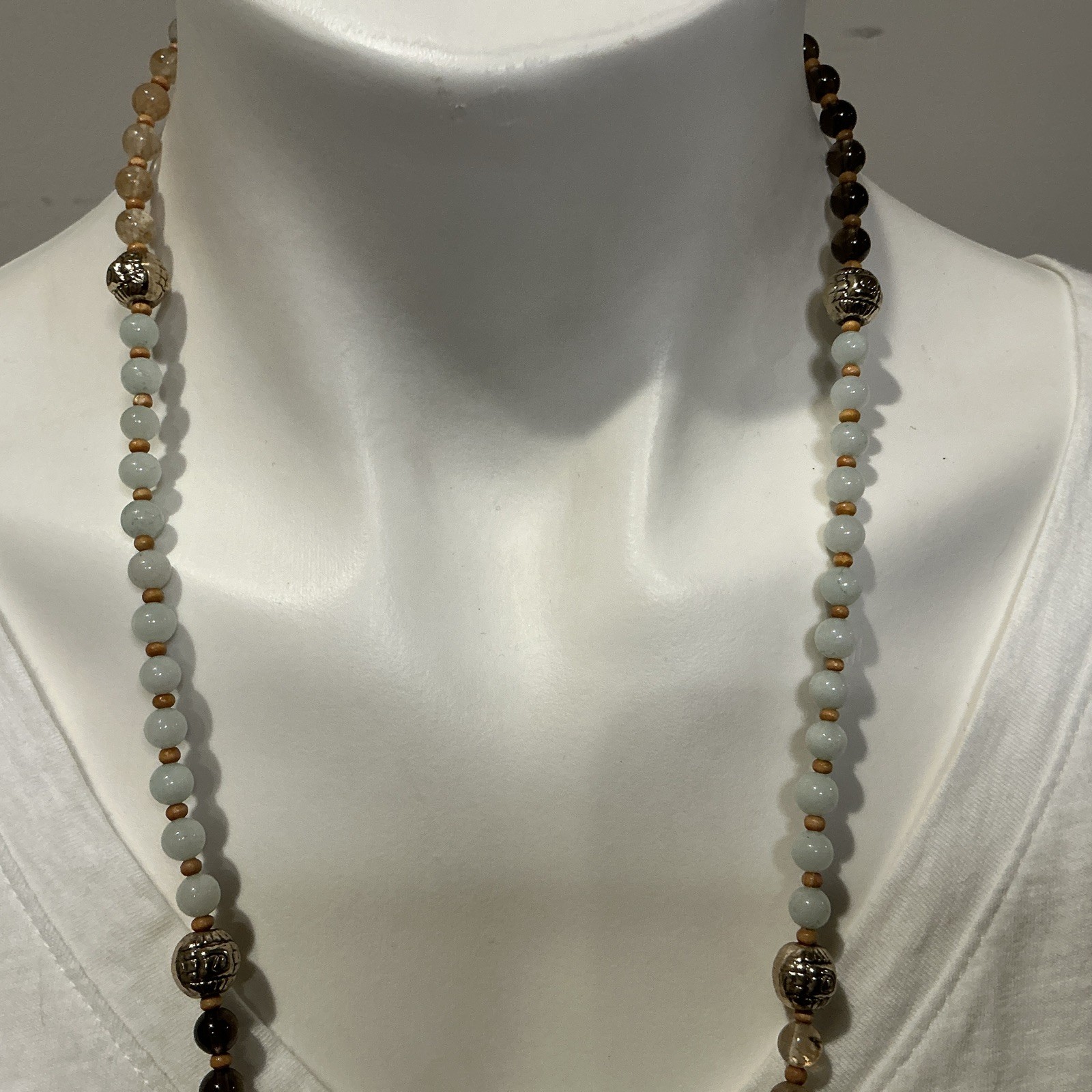 Marlyn Schiff Brown, Beige, Sage Natural Stone Necklace Faux Leather Tassel
