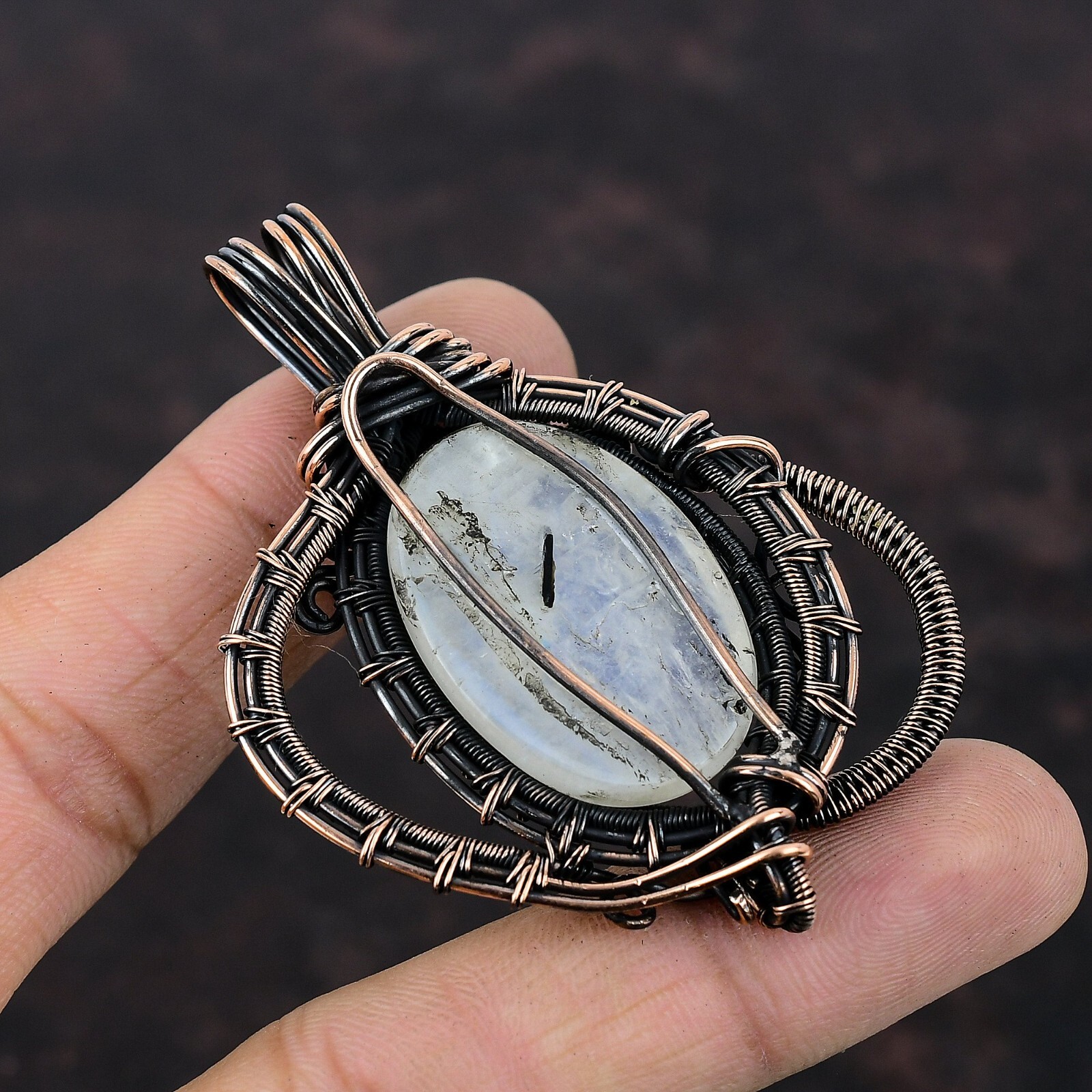 Rainbow Moonstone Wire Wrapped Pendant Handcrafted Copper Unique Gift 2.68″