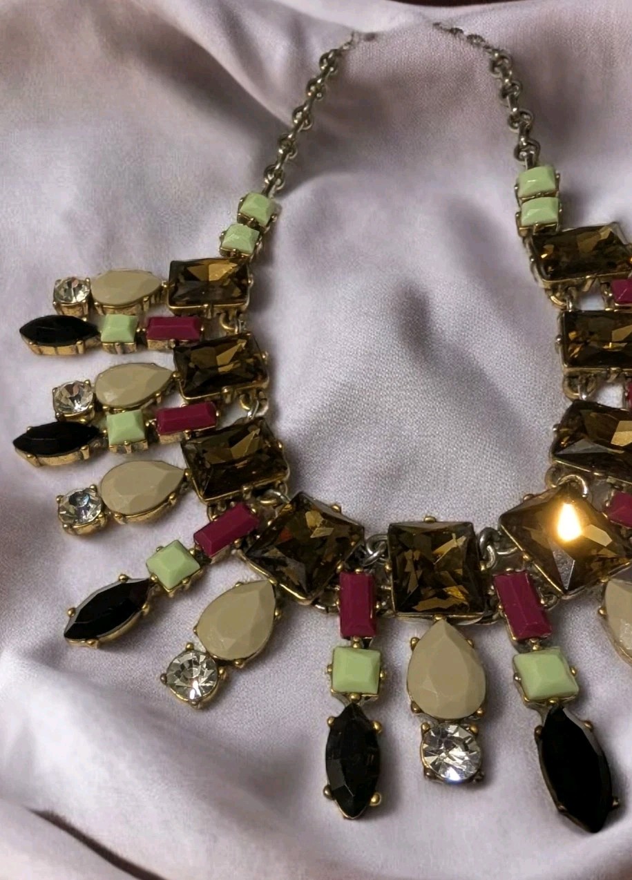 J CREW Rhinestone Art Deco Necklace Multi Color Stones Vintage 2000s 15″