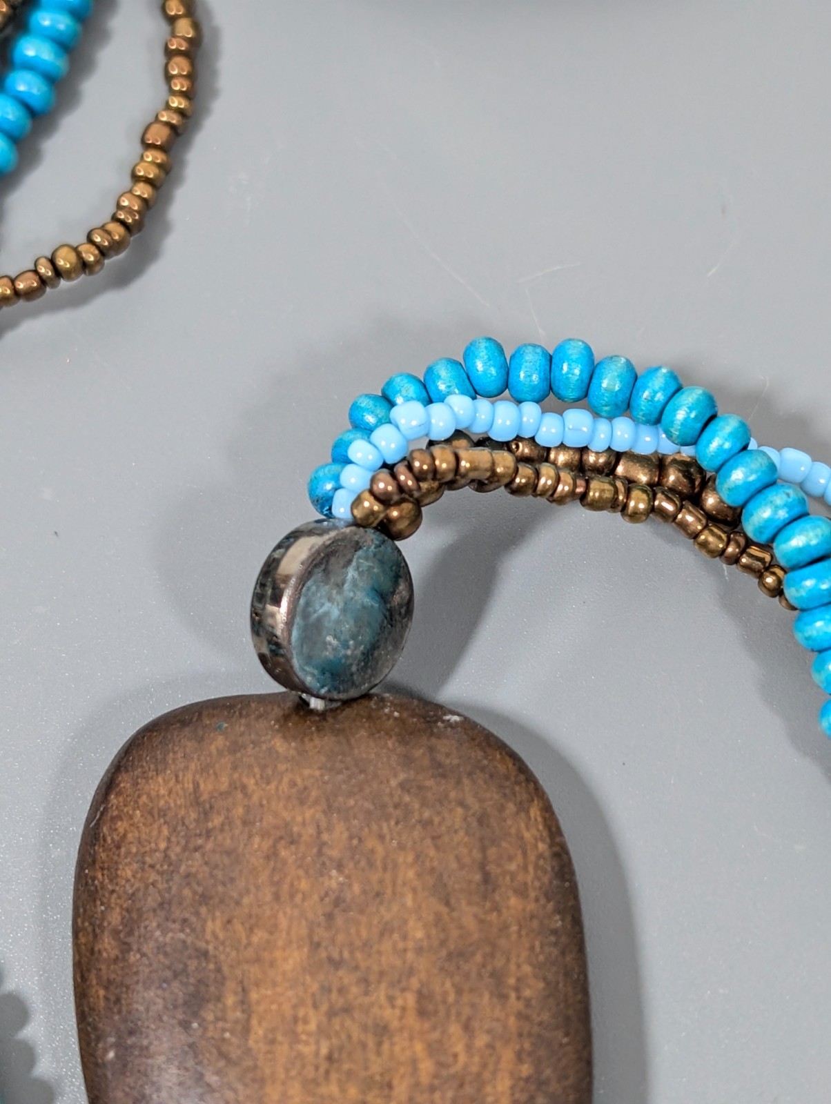 Beachy Boho Tribal Blue Bronze tone Multi Strand Bead Long Necklace 36 in