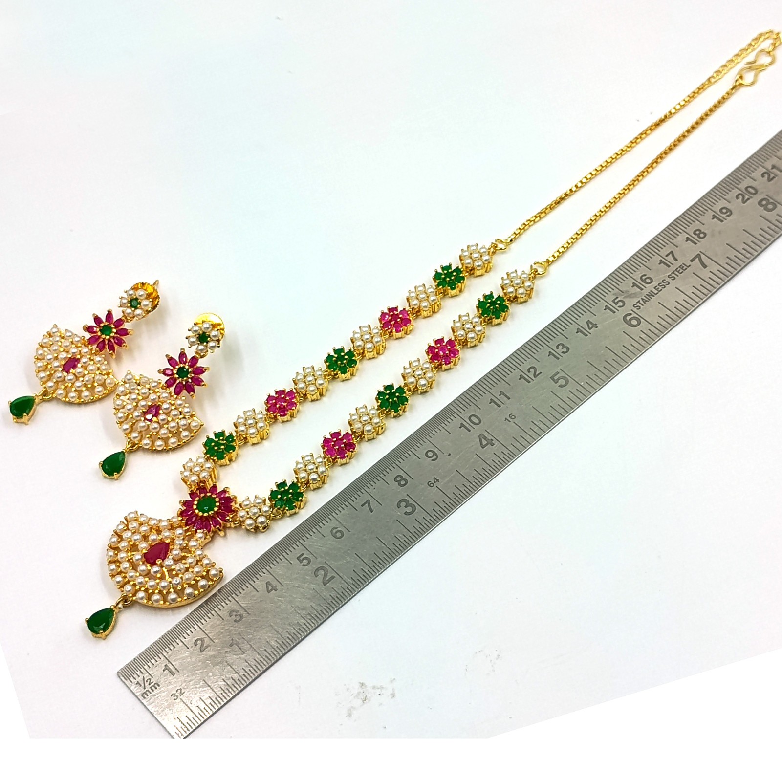 Ethnic 22K Gold Plated Kemp Ruby Emerald & Pearl Necklace Jewelry For Women
