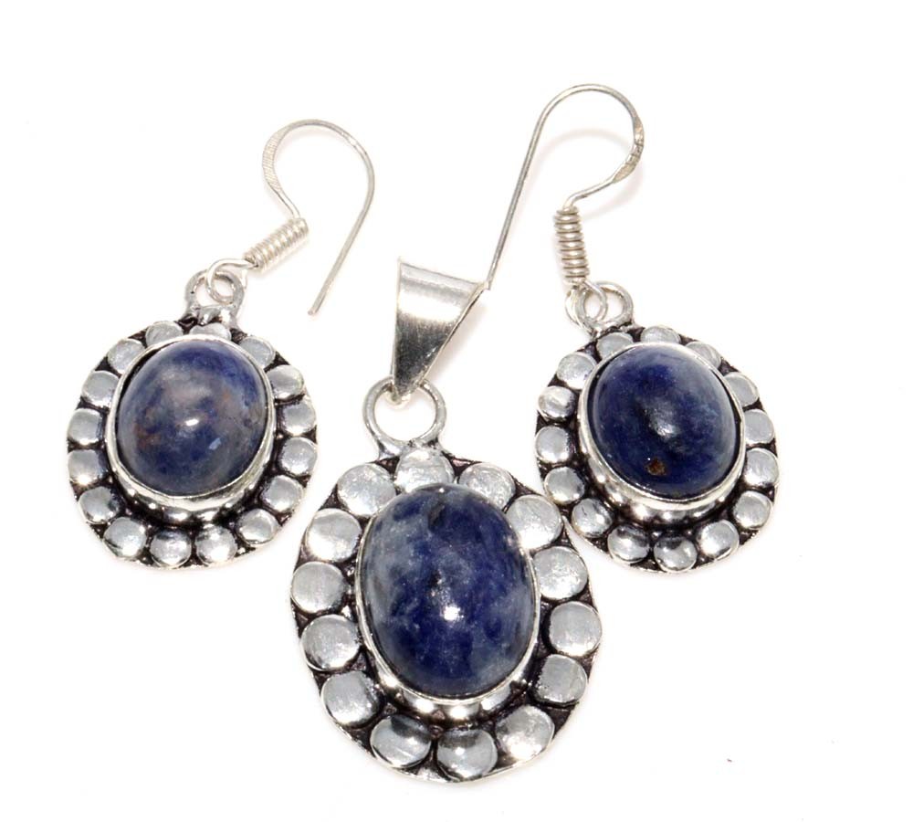 925 Silver Plated Sodalite Pendant Earrings Set 1.5|1.3″ Ethnic Fusion Design GW