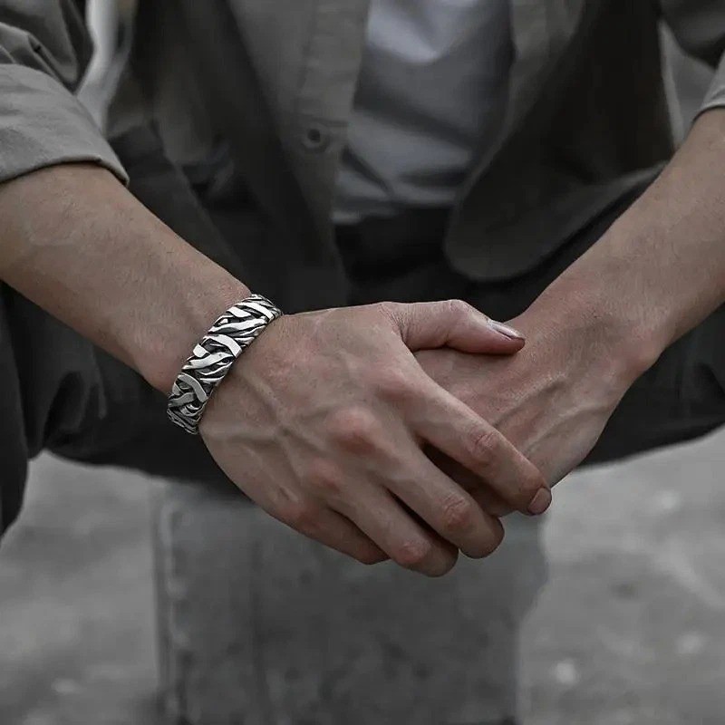 Men Bracelet Sterling Silver Retro Twisted Open Wide Bangle Cuff Bracelet – USA