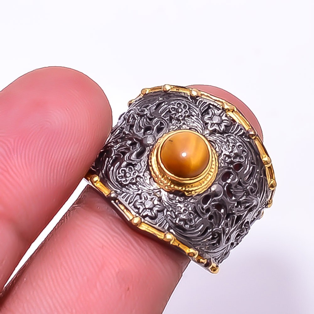 Yellow Tiger Eye Black And Gold Plated 925 Sterling Silver Ring s.9.5 Sku9