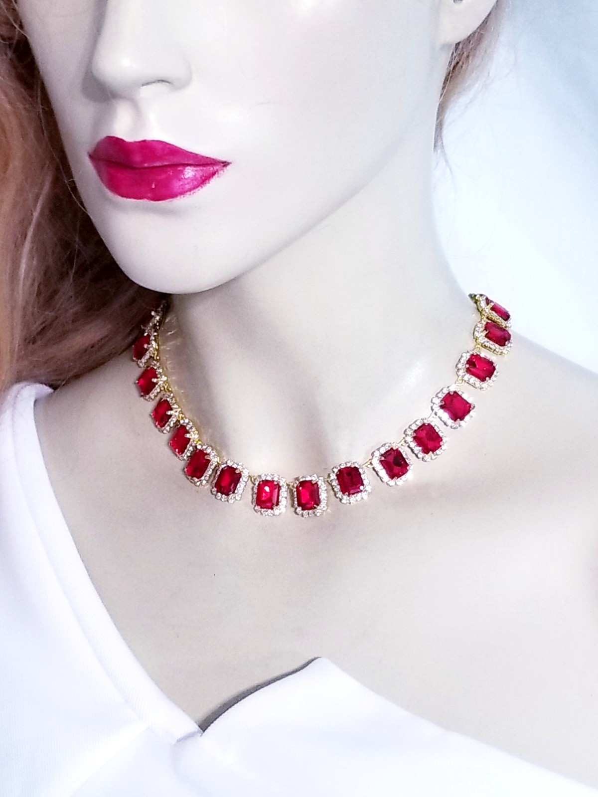 Red Statement Choker Rhinestone Necklace Bridal Prom Pageant Jewelry