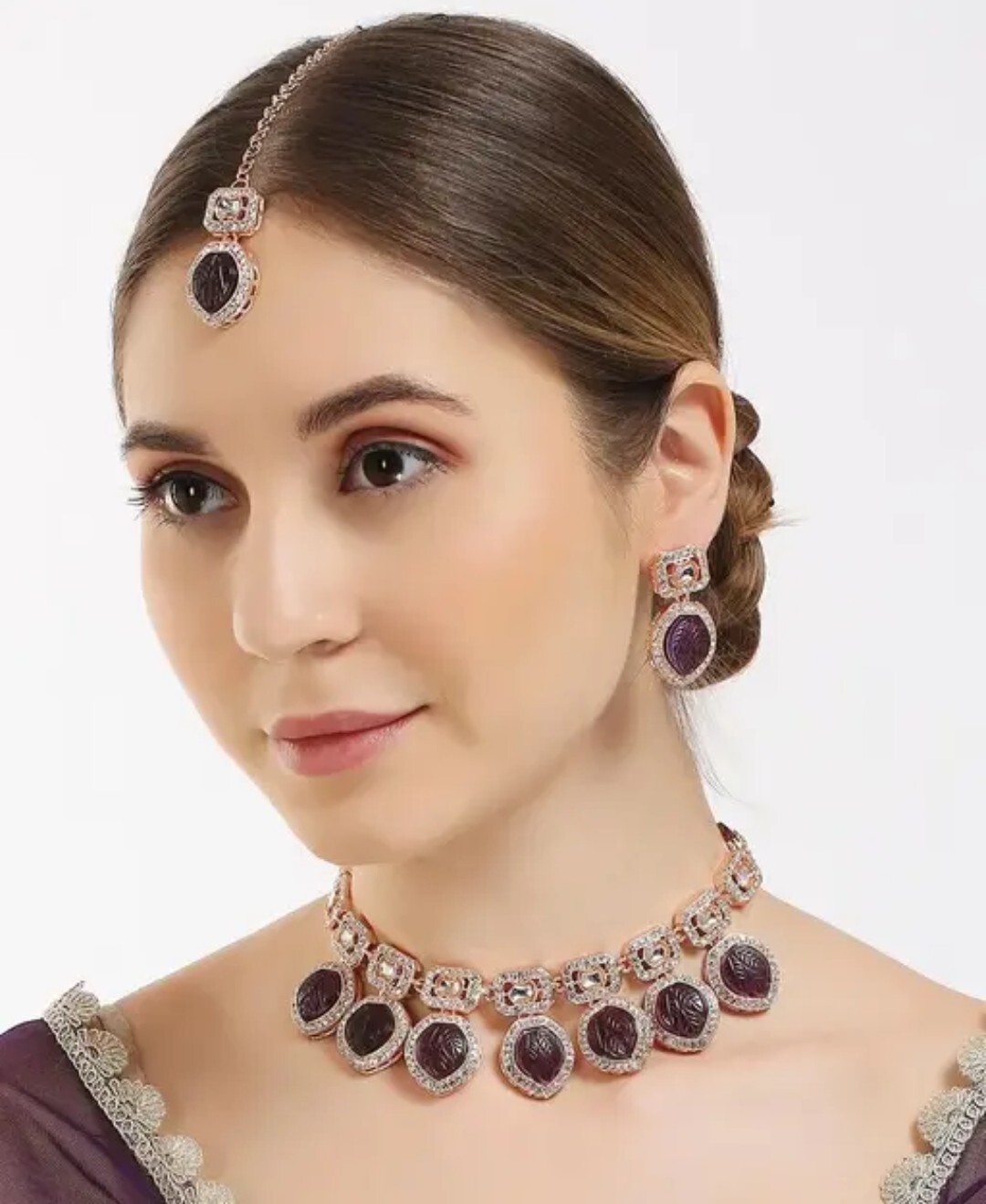 Premium Quality Brown Stones Beautiful Necklace Set With Earrings & Maangtikka