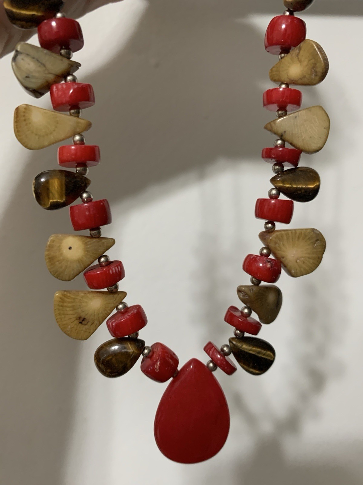 Red And Gold Beaded Statement Necklace,in Silver Tone,withRed Hang,Tear Drop.18”