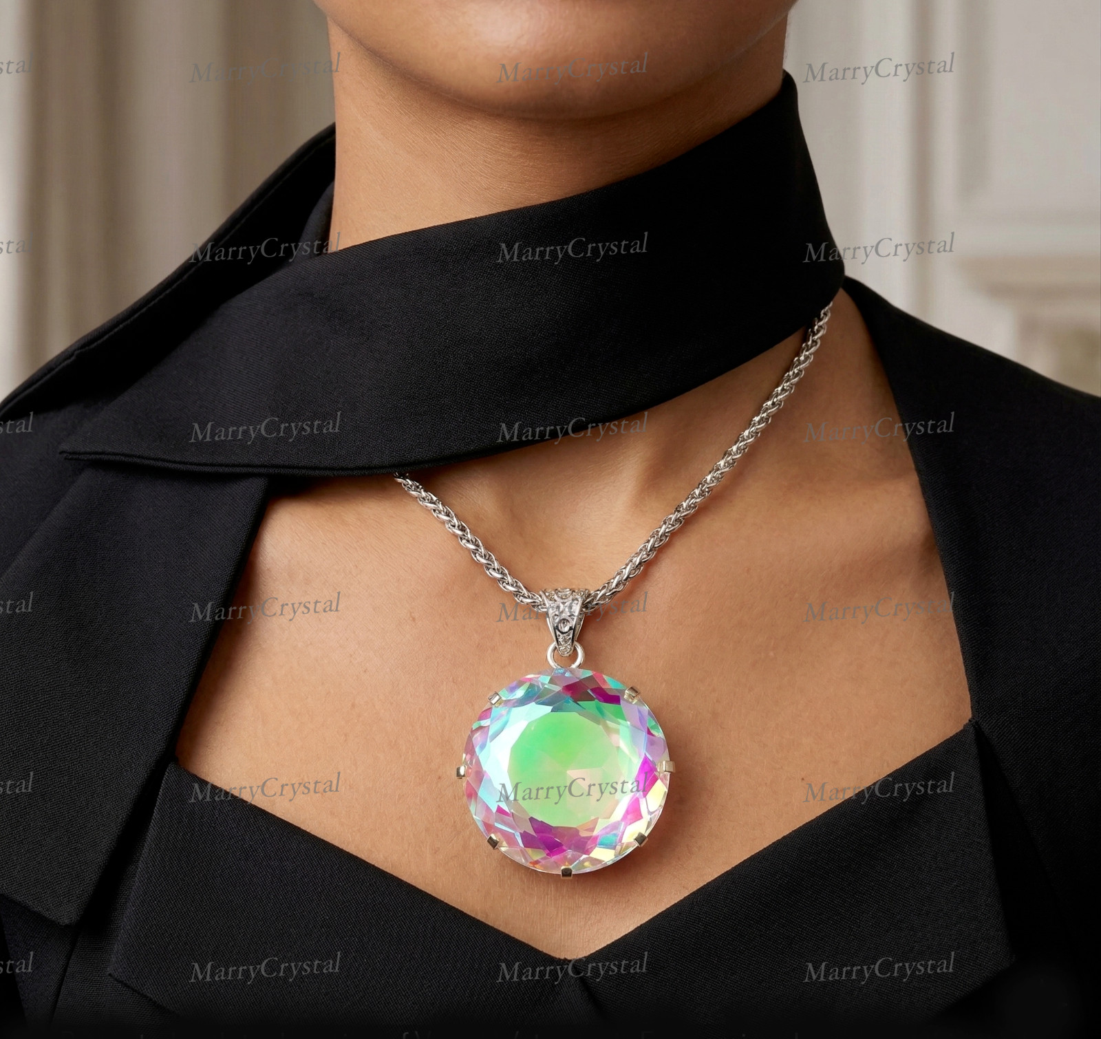 Handcrafted Dichroic Mystic Glass Pendant Necklace, Multi-Color Round Gemstone
