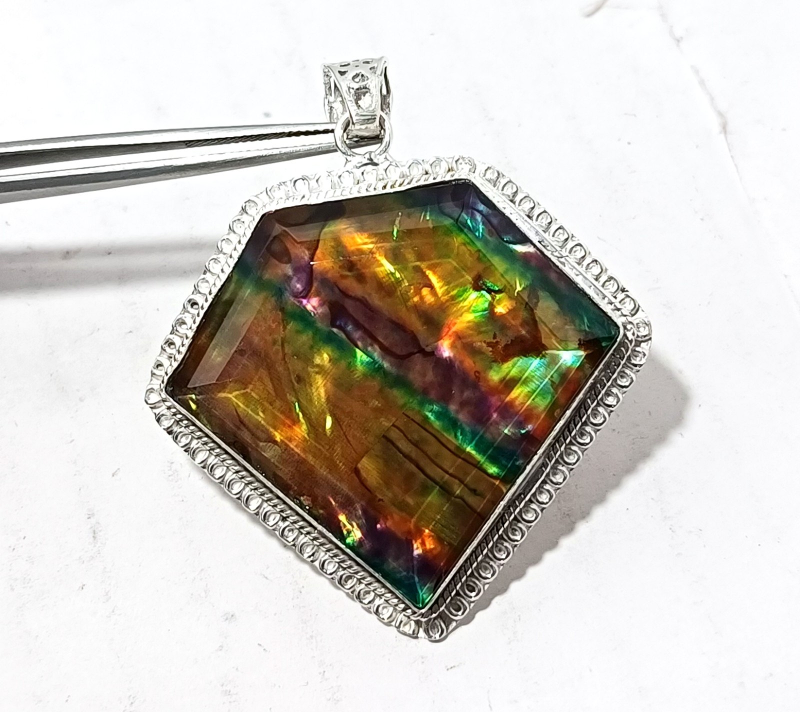 107 Ct Rainbow Fancy Cut Natural Ammolite Doublet Opal- sterling Sliver Pendant