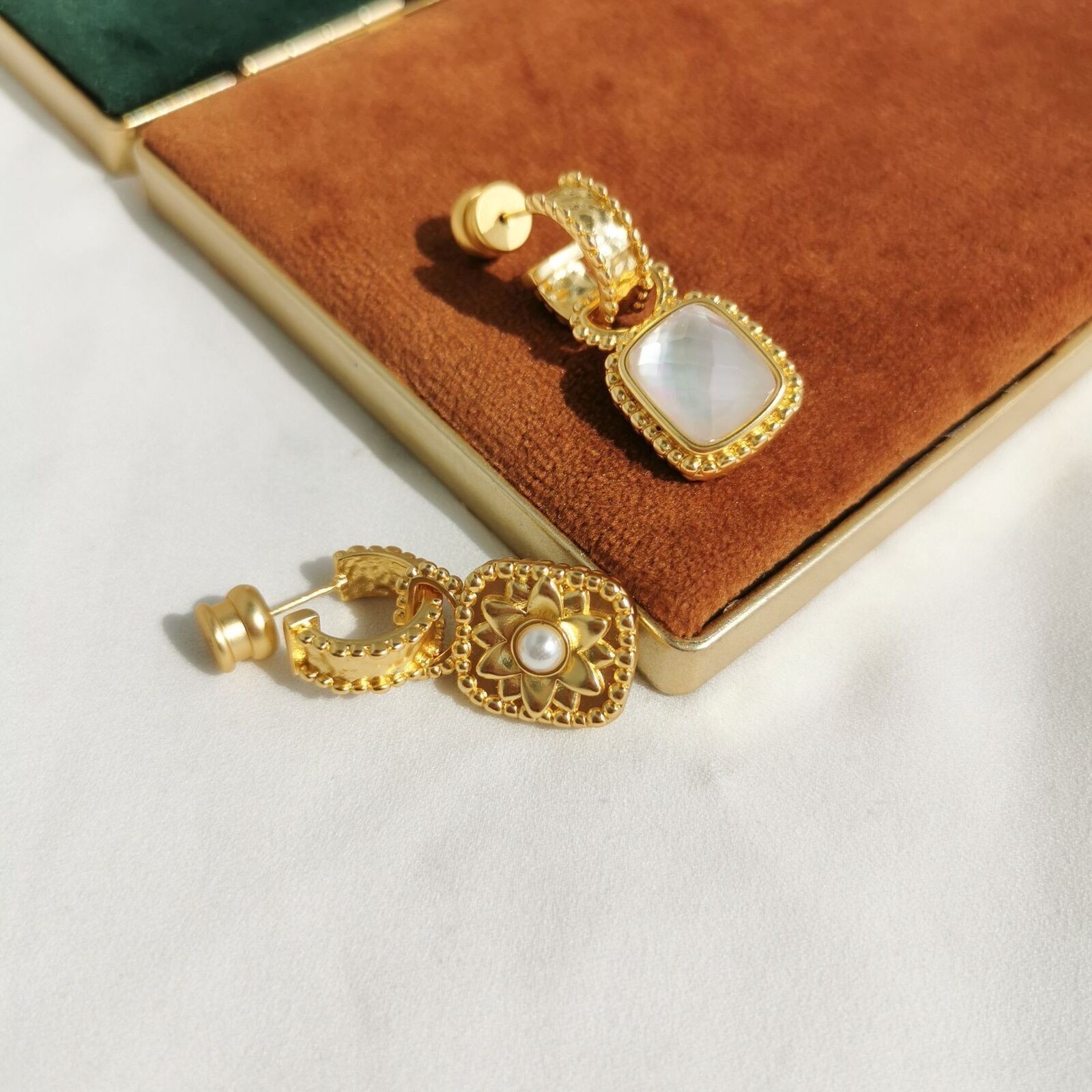 Julie Vos Gold Marbella Square Shell Freshwater Pearls Earings Elegance
