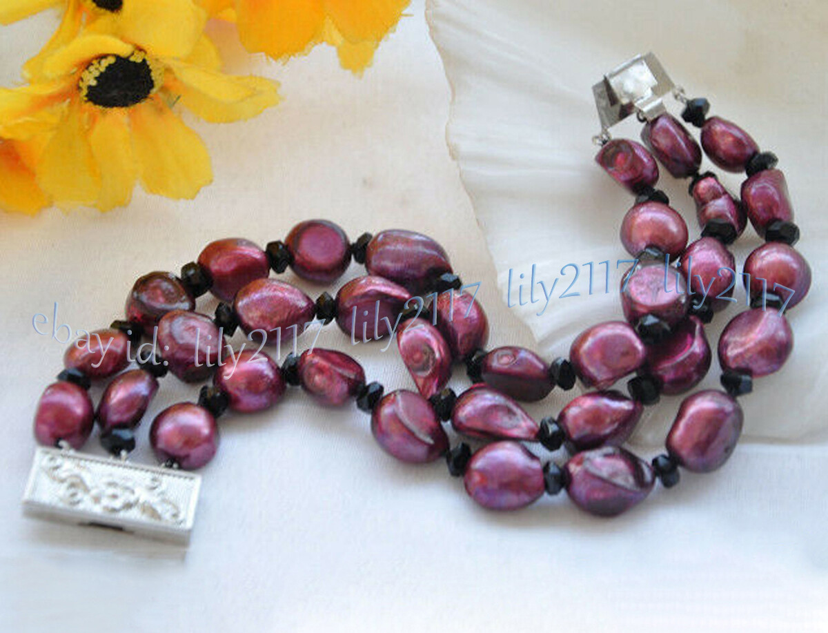 3Row 9-10mm Natural Purple Freshwater Baroque Pearl Crystal Beads Bracelet 7.5”
