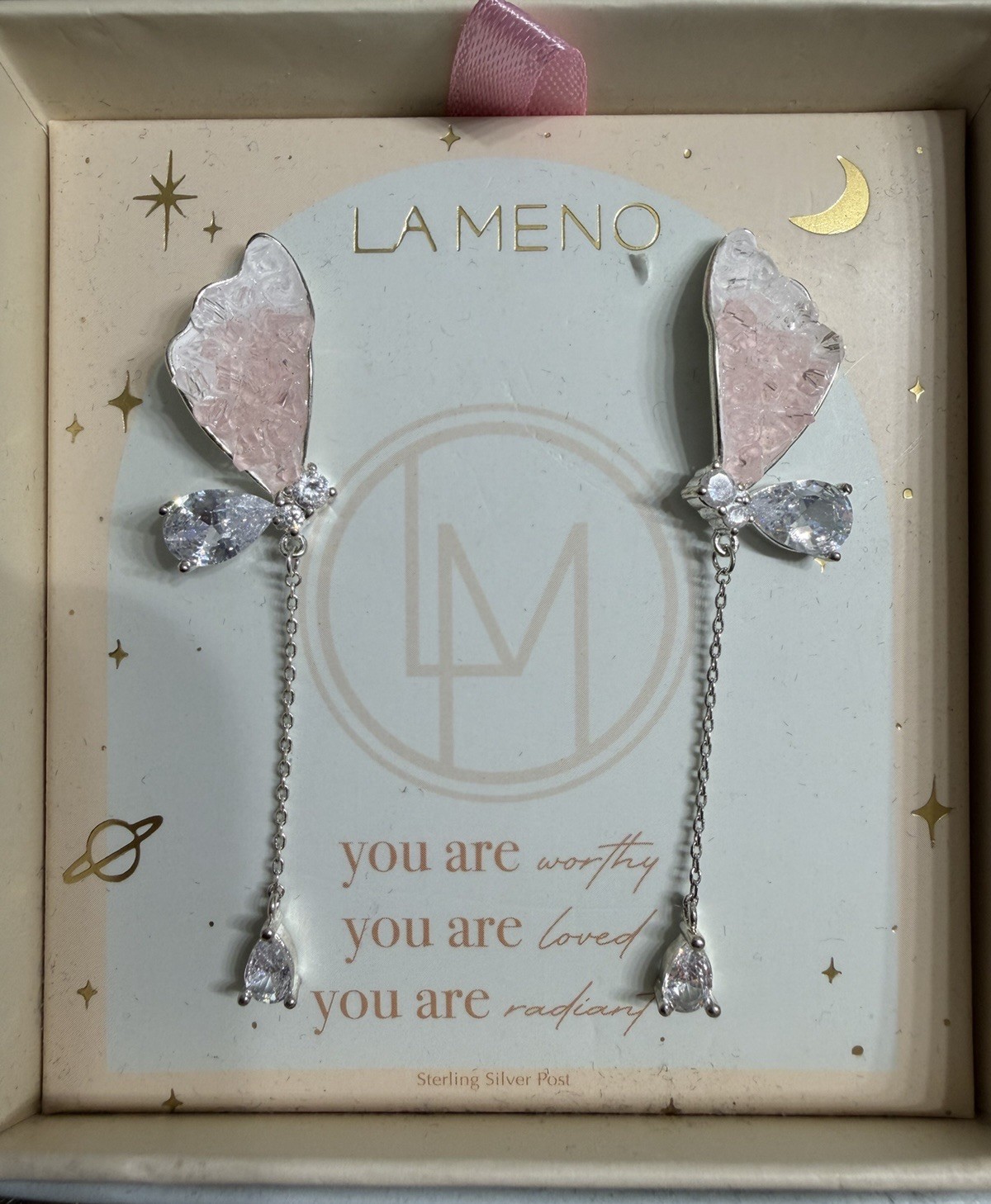 LA MENO Sterling Silver Pink Quartz Butterfly Drop Earrings NIB