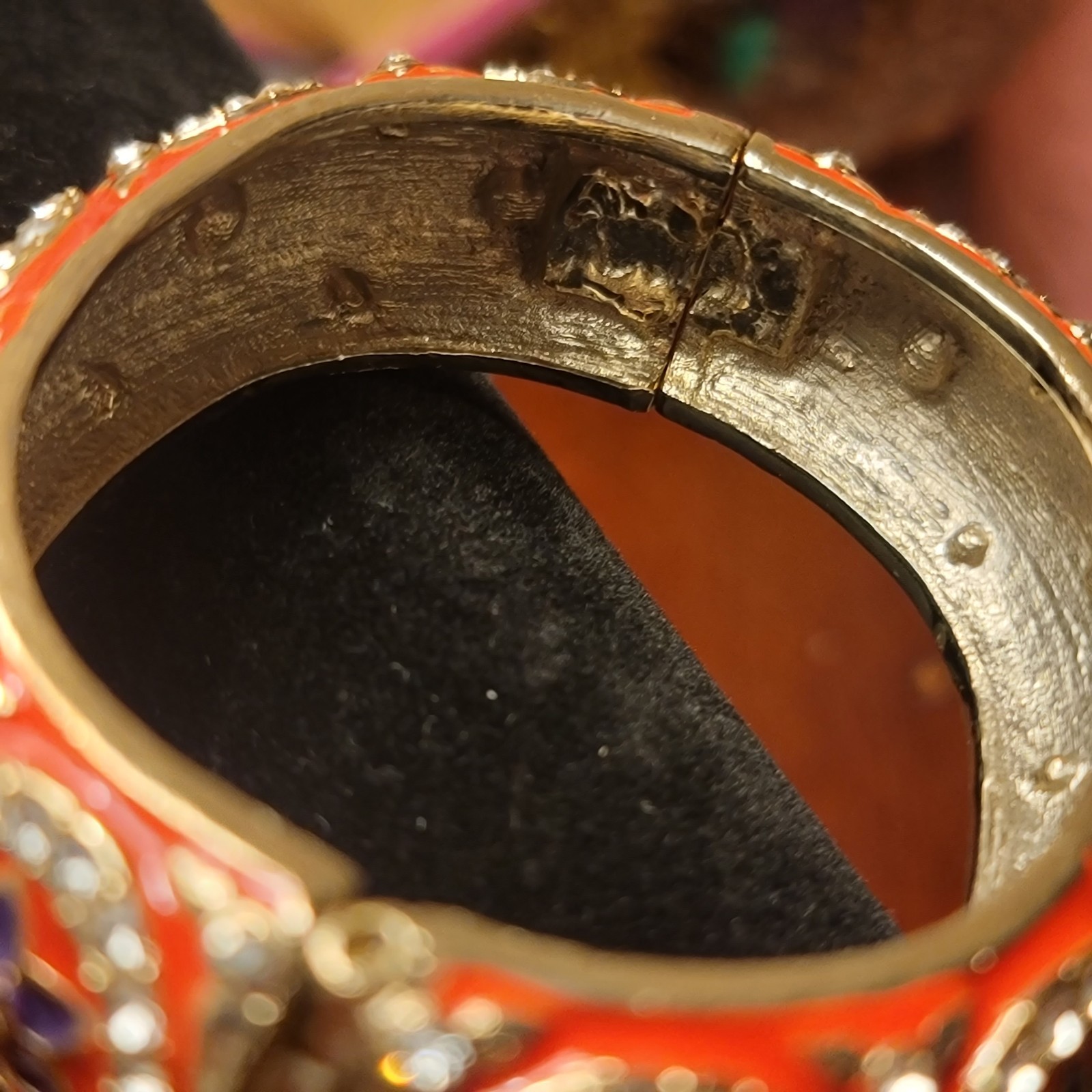 Gold Tone Bangle Bracelet, orange enamel, purple flowers, clear Rhinestones
