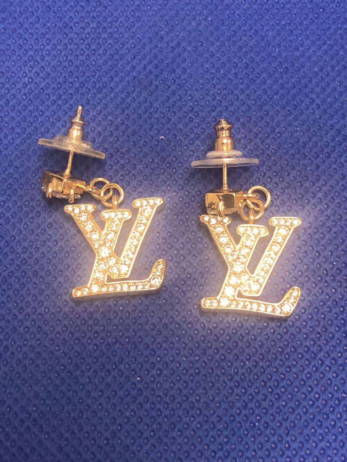 PREOWNED LOUIS VUITTON SIGNED GOLD TONE CLEAR RHINESTONES DANGLE STUD EARRINGS
