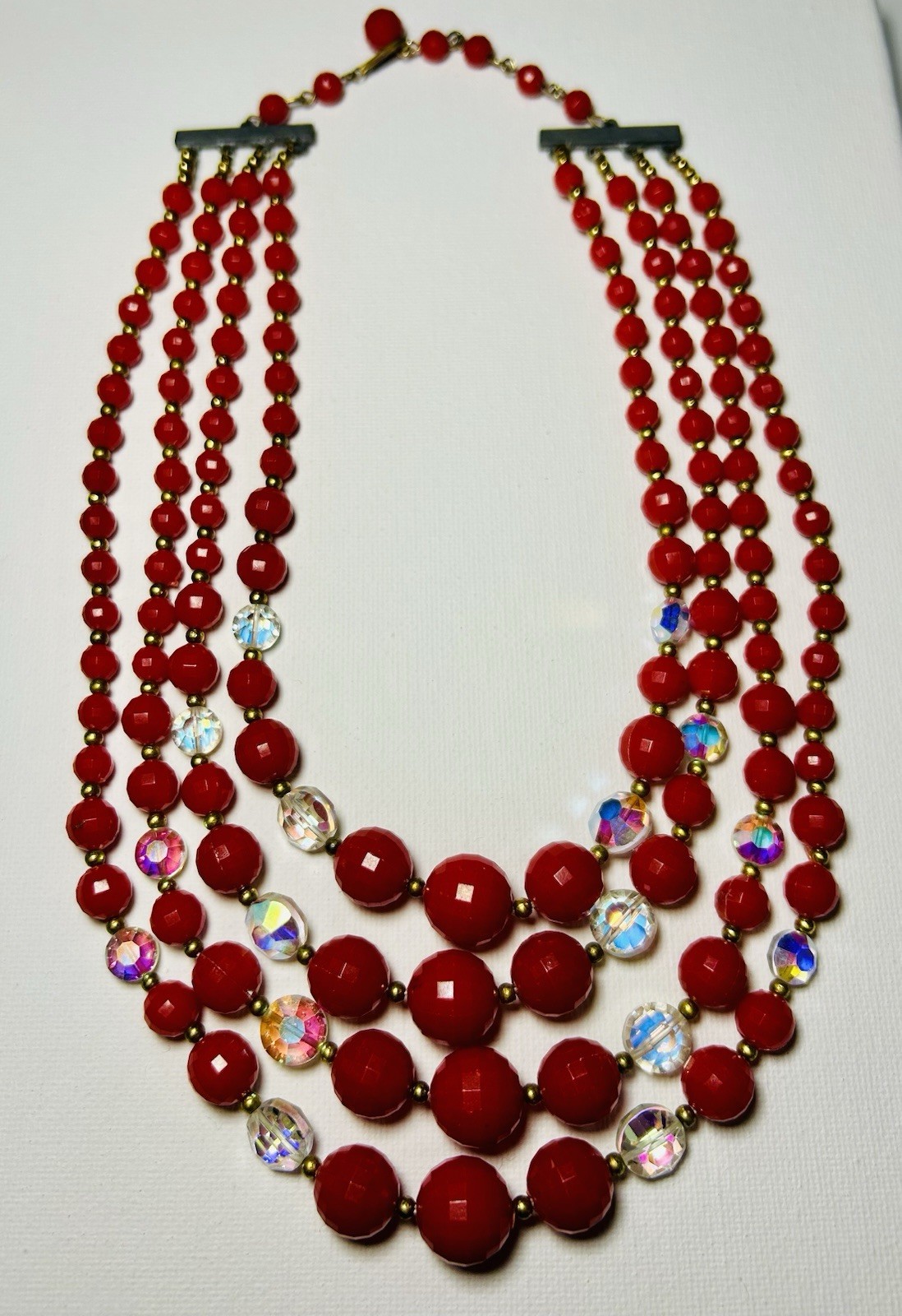 Vtg 1980s Cherry Red 4 Strand Beaded Bib Necklace Clear Aurora Borealis Crysta