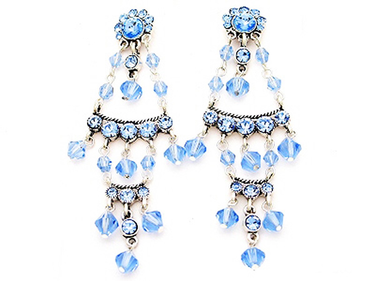 DESIGNER INSPIRED BLUE AUSTRIAN CRYSTAL SILVER ANGEL 3in CHANDELIER EARRINGS NEW