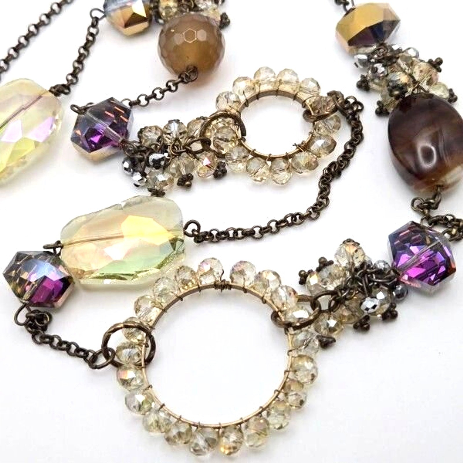 Long Bronzetone Necklace with Smoky and Purple AB Glass Beads