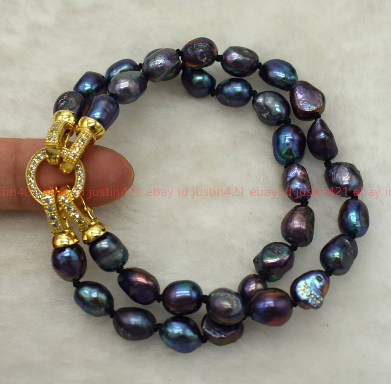 New Natural Pretty 2 Row 7-8/8-9mm Black Baroque Pearl Gemstone Bracelet 7-9 In